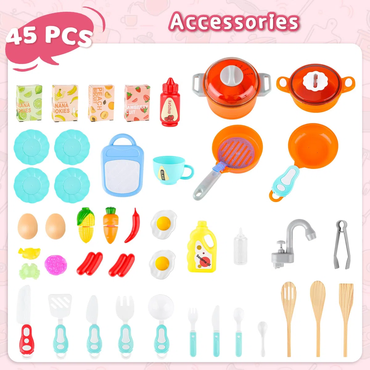 deAO Cucina Giocattolo per Bambini, Gioco di Ruolo da Cucina in Miniatura con Luce Suono Acqua Vapore e Accessori da Cucina, Cucina Studio con Frigorifero Lavastoviglie Fornello Lavello Forno Cibo
