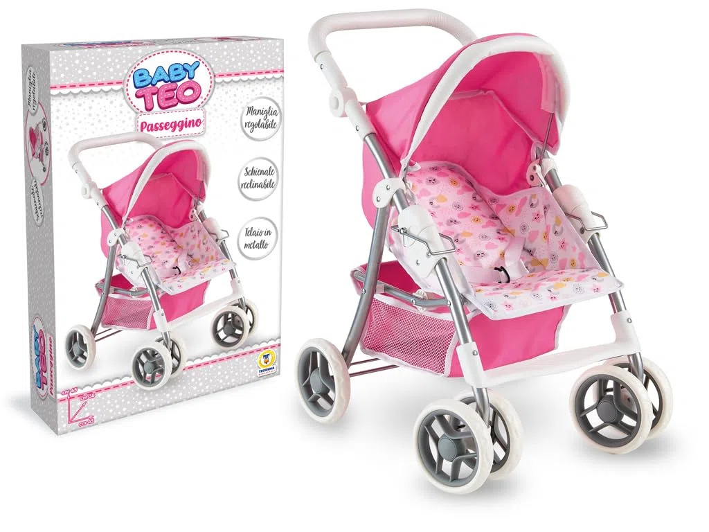 Teorema Giocattoli Passeggino per Bambole Leggero e Pieghevole, Carrozzina per Bambole con Cappotta Regolabile, Cesto Portaoggetti, Struttura in Metallo, Passeggino Giocattolo Bambina Manovrabile,Rosa