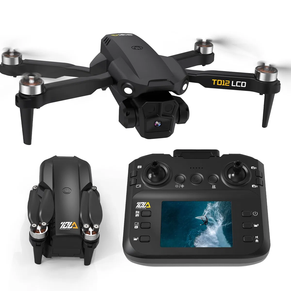 Toladrone Pieghevole Drone con Telecamera 4K, Droni con Trasmissione su Schermo LCD, modalità Headless, Regolazione Elettrica a 90°, Quadricottero RC per Adulti, TD12LCD Drone per Principianti