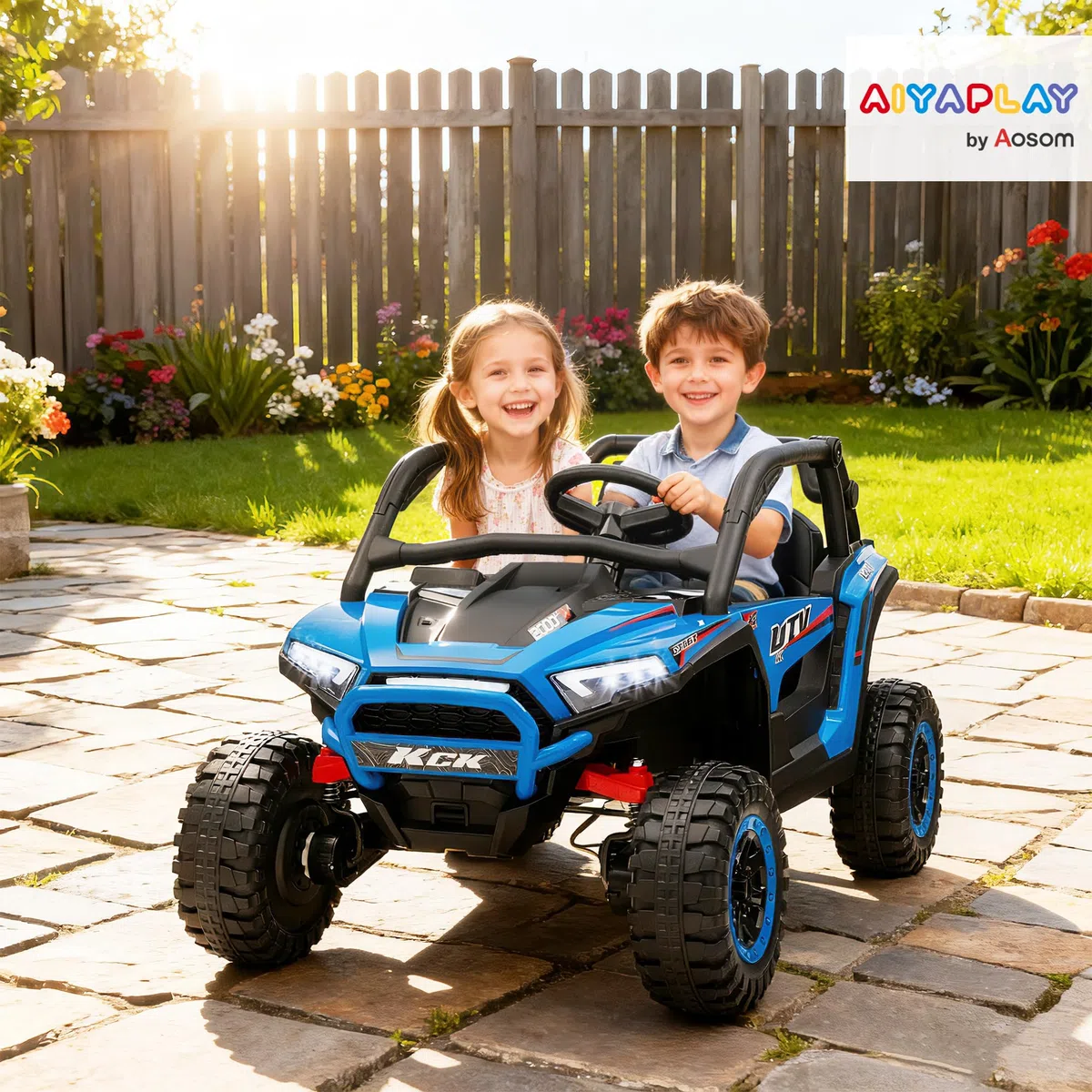 AIYAPLAY Macchina Elettrica per Bambini 2 Posti 24V 4 Motori, Auto Elettrica Bambini 3-8 Anni con 3 Velocità, Musica Integrata, Clacson, Luci, Sospensione a Molla e Telecomando, Velocità 5-7km/h, Blu