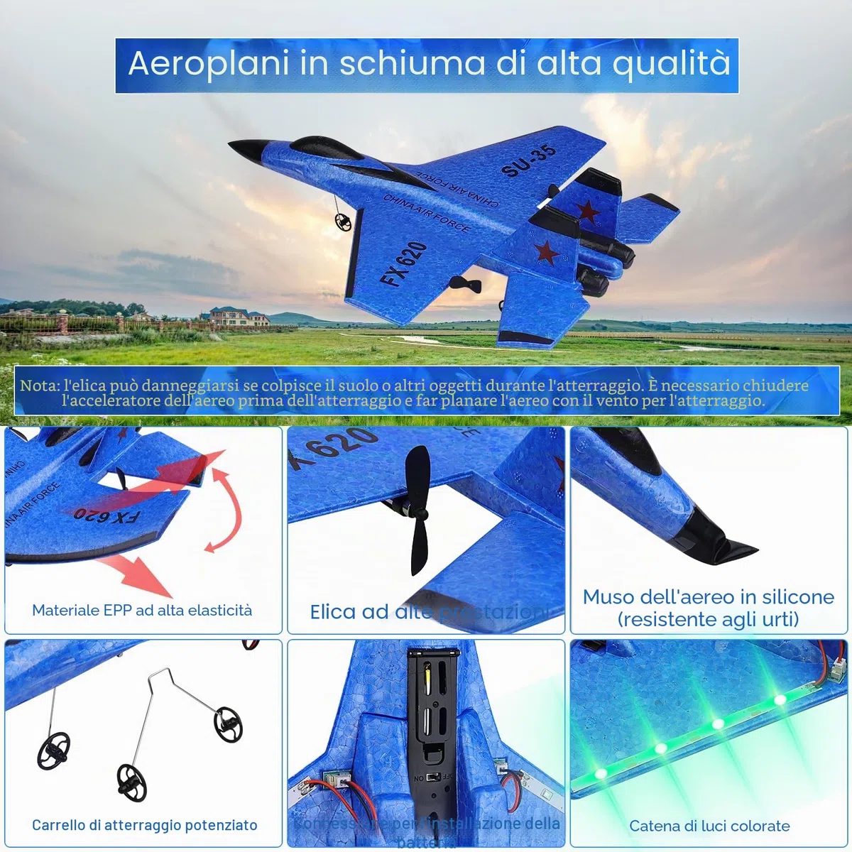 Henakmsl 2CH Aereo Telecomandato SU35, 2,4 GHz Aereo RC Aeroplano Telecomandato con 2 Batterie e Luci Colorate, Aliante Volante Telecomandato per Adatto a Bambini/Adulti/Principianti, Blu