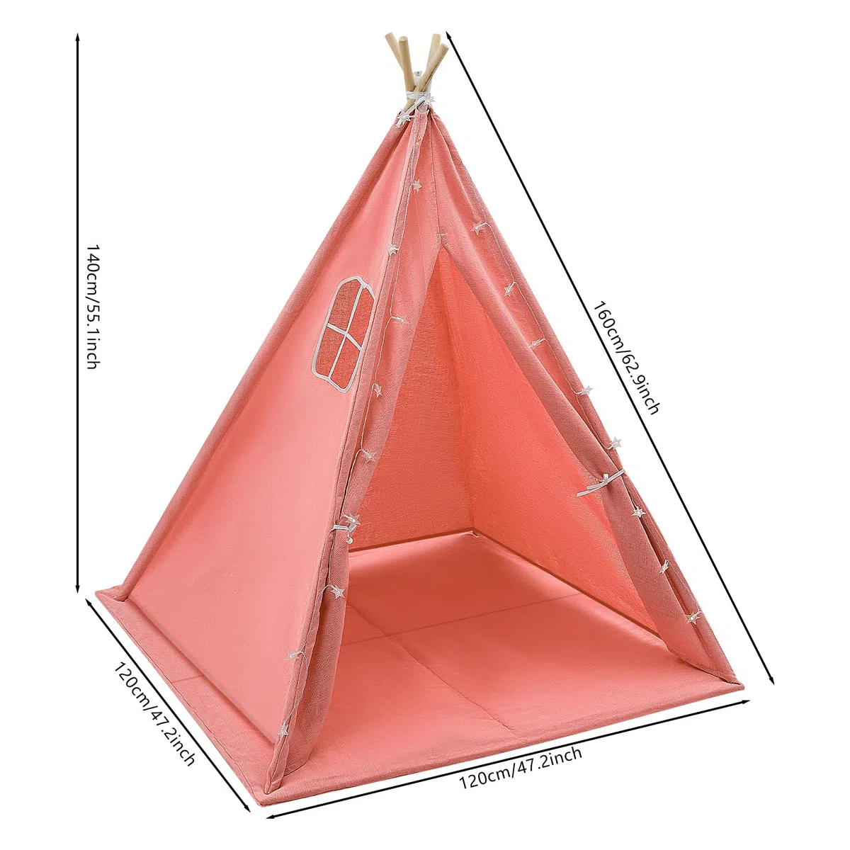 Tenda per bambini, tenda con luce, tenda da gioco per interni ed esterni, con imbottita, pieghevole, con catena luminosa, traspirante, in cotone e canapa (rosso)