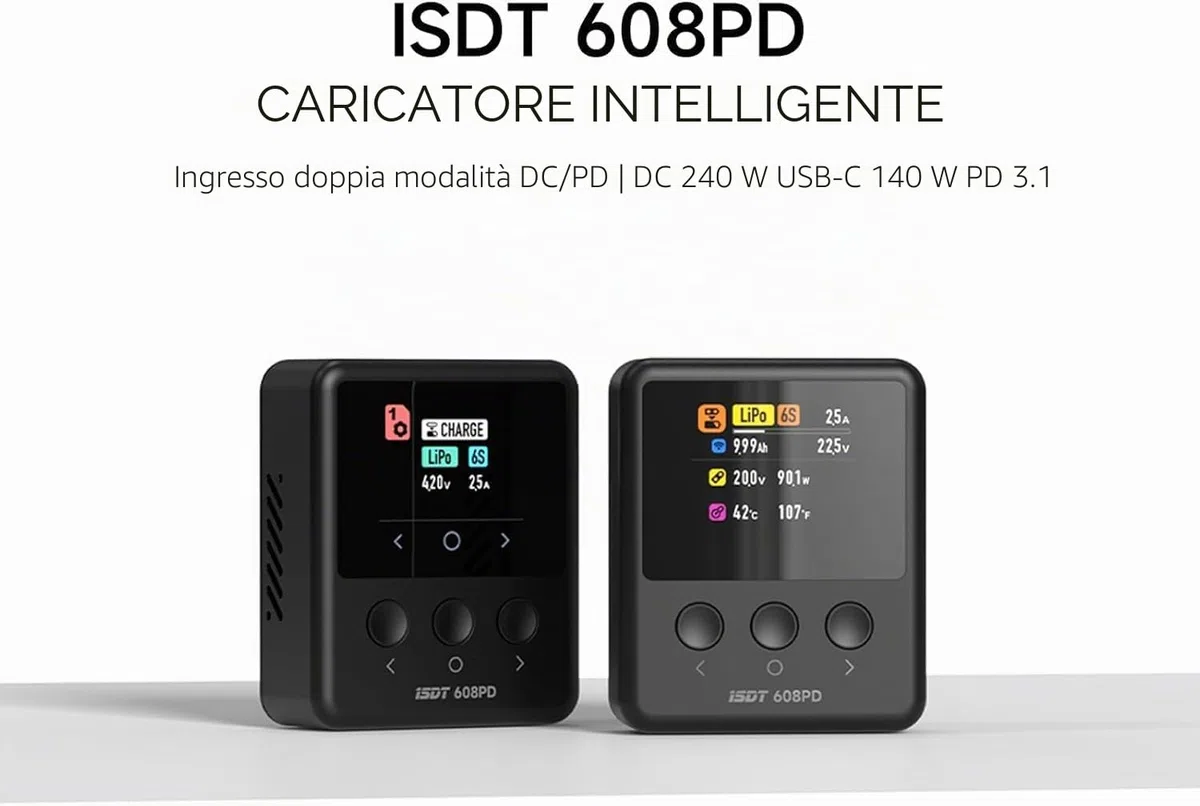 ISDT 608PD caricabatterie Lipo DC 6S/240W/10A USB C 100W/5A per batterie RC, caricabatterie bilanciatore per batterie Life/Lilon/LiPo/LiHV (1-6S), NiMH (1-16S), Pb (1-12S)