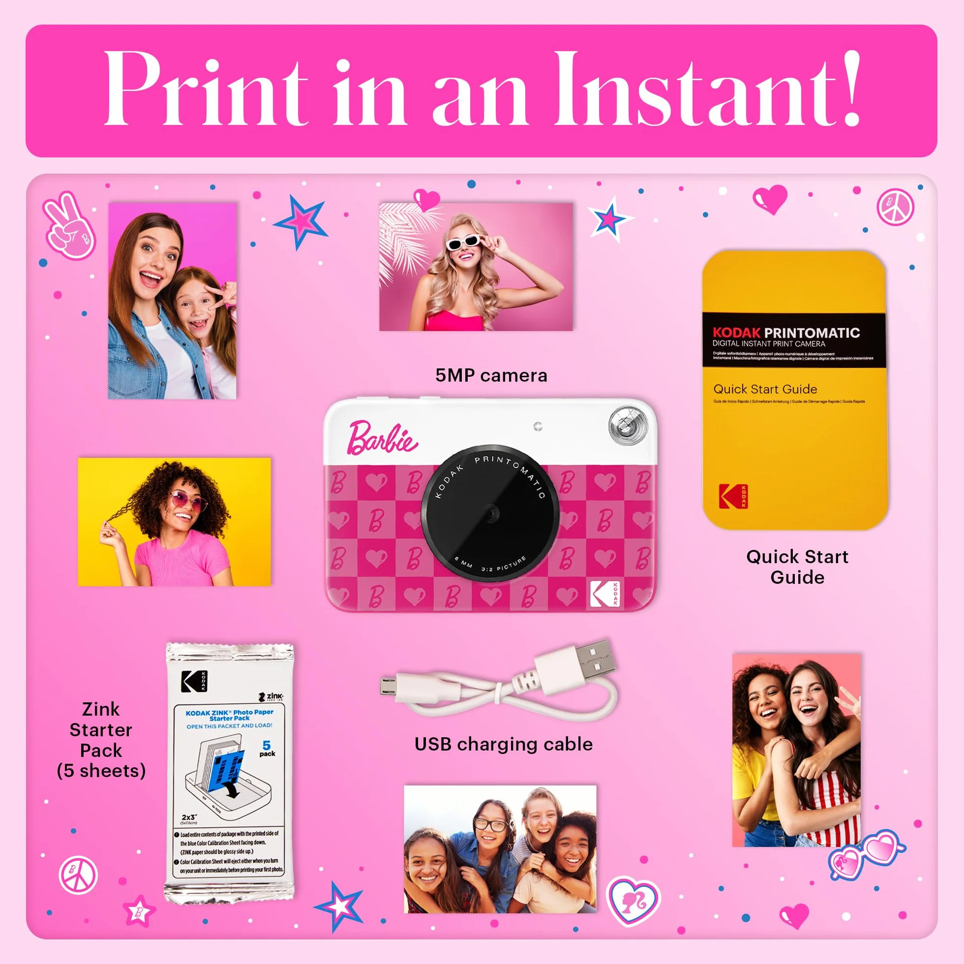 KODAK x Barbie Printomatic Fotocamera Digitale Istantanea a Colori Fotocamera Portatile Barbie da 5 MP, Carta Fotografica Adesiva Zink 2x3" (5,1x7,5 cm), Stile Iconico.