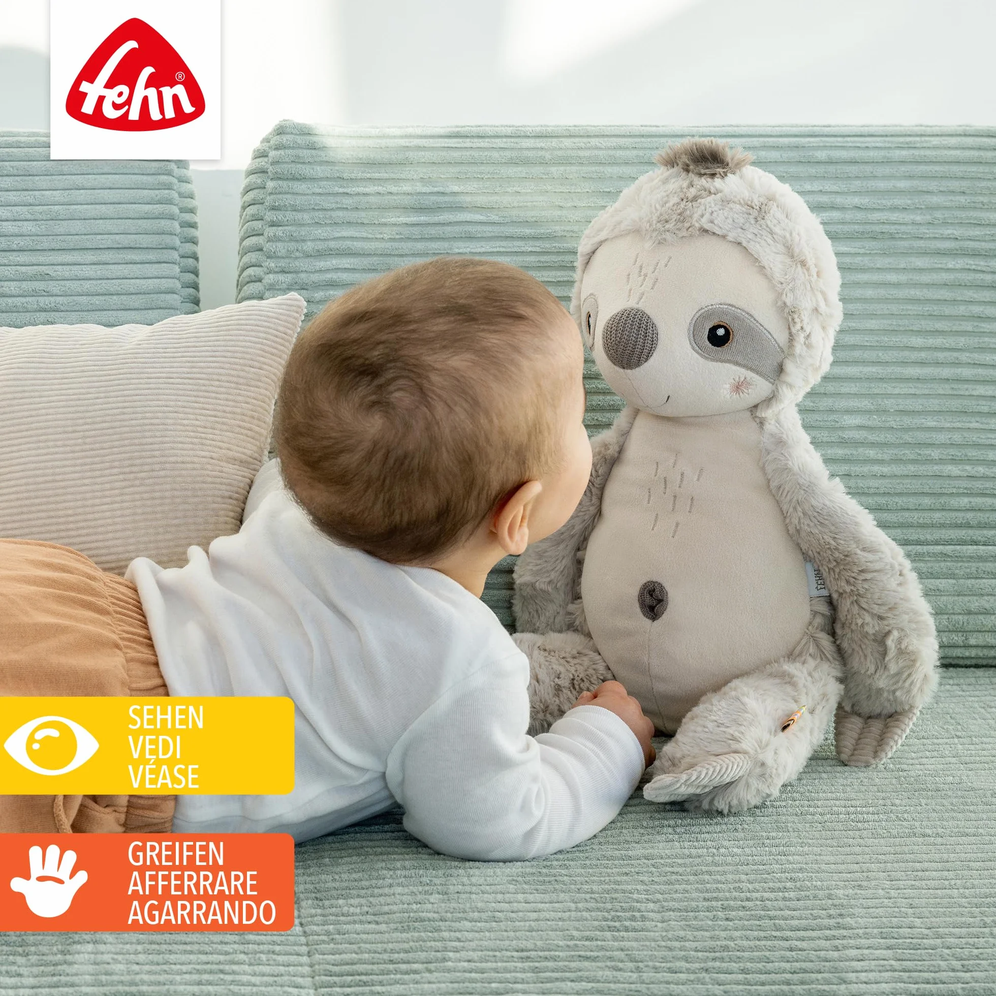 Fehn Kuscheltier Faultier XL – Spielgefährte, Beschützer & Kuschelfreund: Großes Stofftier zum Greifen, Fühlen und Knuddeln, für Babys und Kleinkinder ab 0+ Monaten