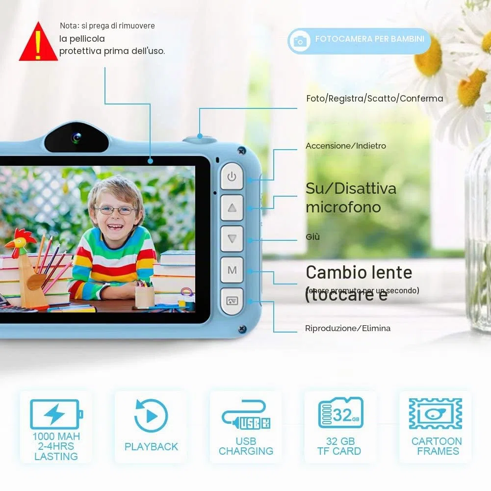Macchina Fotografica Bambini, Fotocamere Digitali per Bambini con 3,5 Pollici Grande Schermo 1080P HD 12MP Incluso 32GB SD Card USB Ricaricabile per Ragazze Ragazzi Compleanno Natale Regali Giocattoli
