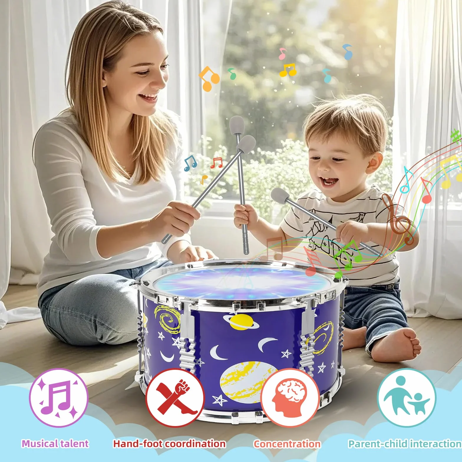Batteria Giocattolo per Bambini Jazz Drum Kit, Giocattoli musicali luminosi per 3 4 5 Anni, Toddler Drum Set con sgabello 5 Tamburi Strumenti Musicali a Percussione per Ragazzi Ragazze