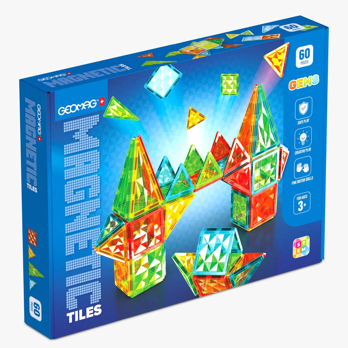 Geomag - Magnetic Tiles Gems 60 Pezzi, Costruzioni Magnetiche per Bambini, Tessere e Blocchi Magnetici 4 Forme, Giochi Bambini 3 Anni+, Giochi Montessori STEM Educativi, Idea Regalo Natale Compleanno