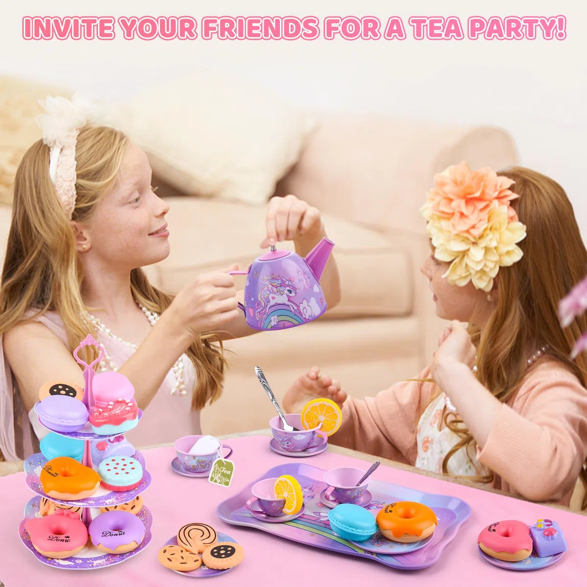 ARANEE Set da Tè Giocattoli Bambini Accessori Cucina Bambini Set da Tè in Latta Tea Party Finta di Giocare con Dessert Donut Giocattoli da Dessert Regalo per Bambina 3 4 5 6 7 8 Anno (Viola)