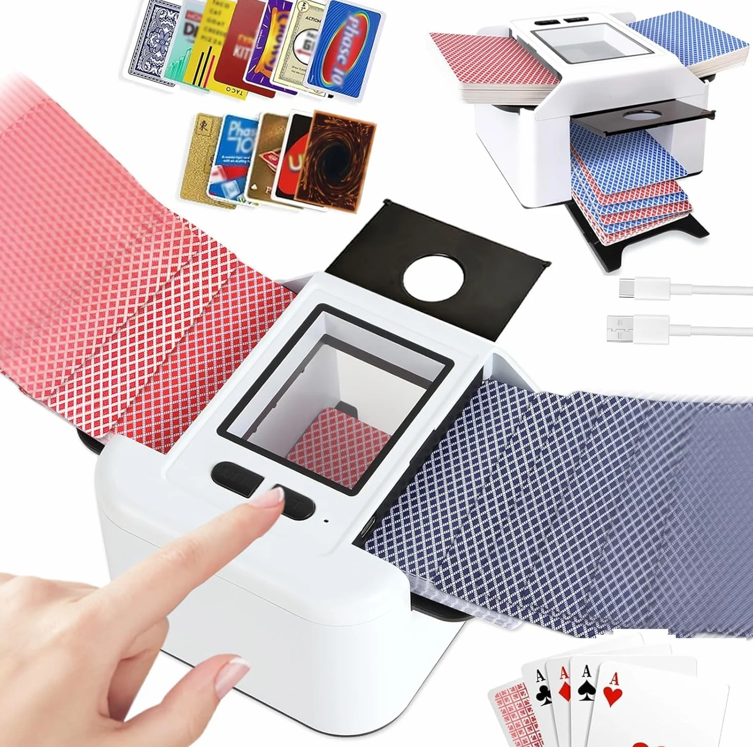 Miscelatore Automatico di Carte, Miscelatore Elettrico per 1-2 Mazzi di Carte, modalità Automatica e Manuale, Ricaricabile 2000 mAh, Portatile e Basso Rumore per Poker, Uno, Blackjack, Skip-BO