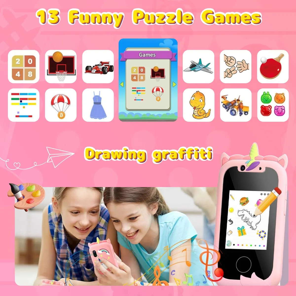 Ashfly Telefono Giocattolo per Bambini - Smartphone Per Bambini, Cellulare per Ragazze, Regalo Giocattoli per Bambina 3 4 5 6 7 8 9 10 anni Compleanno Natale, 2,4" Cellulare Giocattolo Educativo