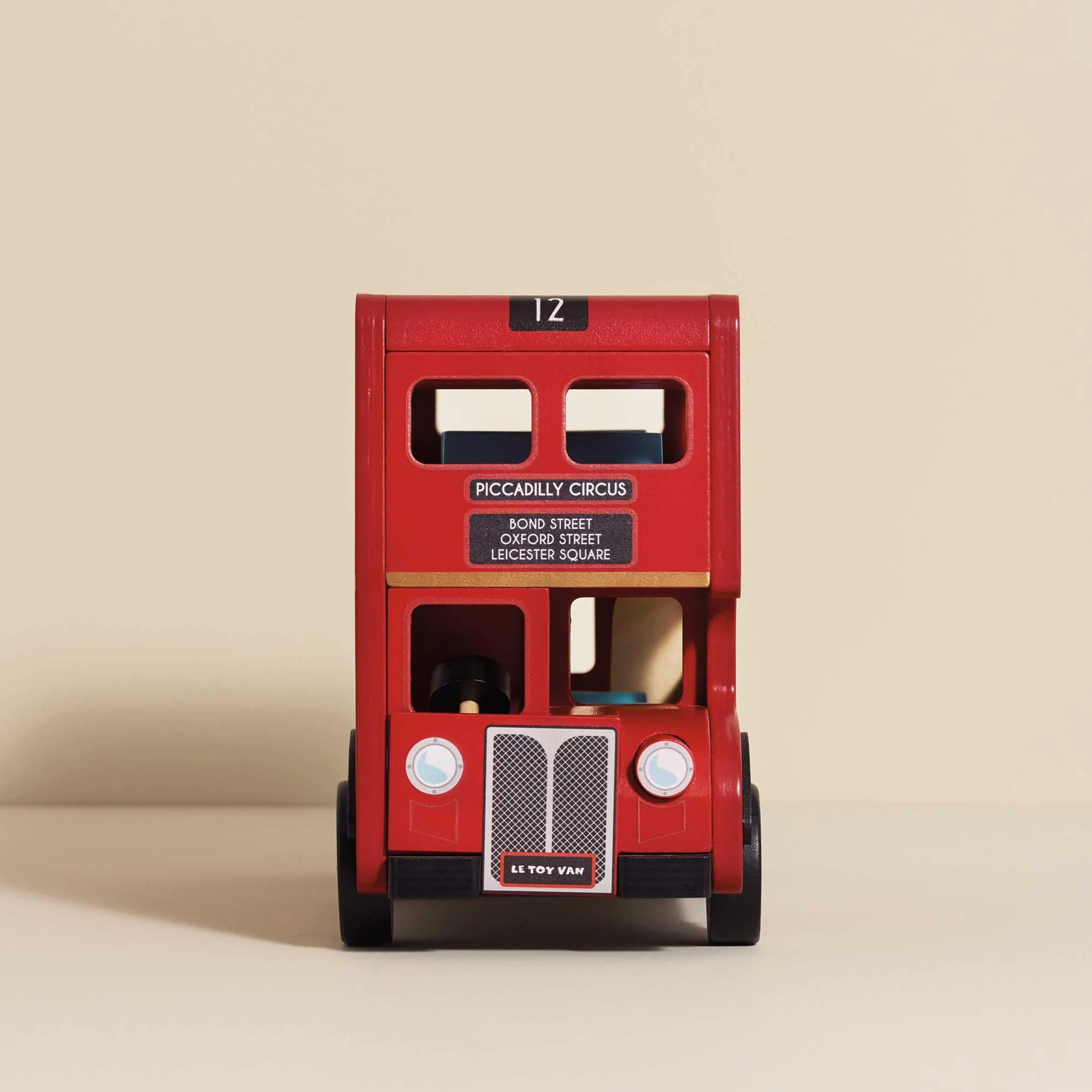 Le Toy Van - TV469 - London Bus giocattolo educativo per bambini, 3 anni, autobus a 2 piani in stile londinese con tetto apribile e dettagli realistici, 32 x 13 x 20 cm, in legno certificato FSC