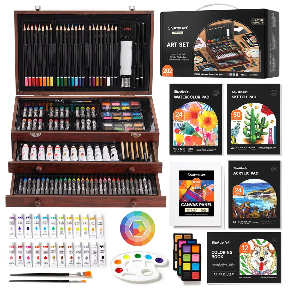 Shuttle Art Kit artistico deluxe da 202 pezzi in legno con blocchi da disegno, tele, fogli da colorare, colori acrilici, pastelli e matite colorate