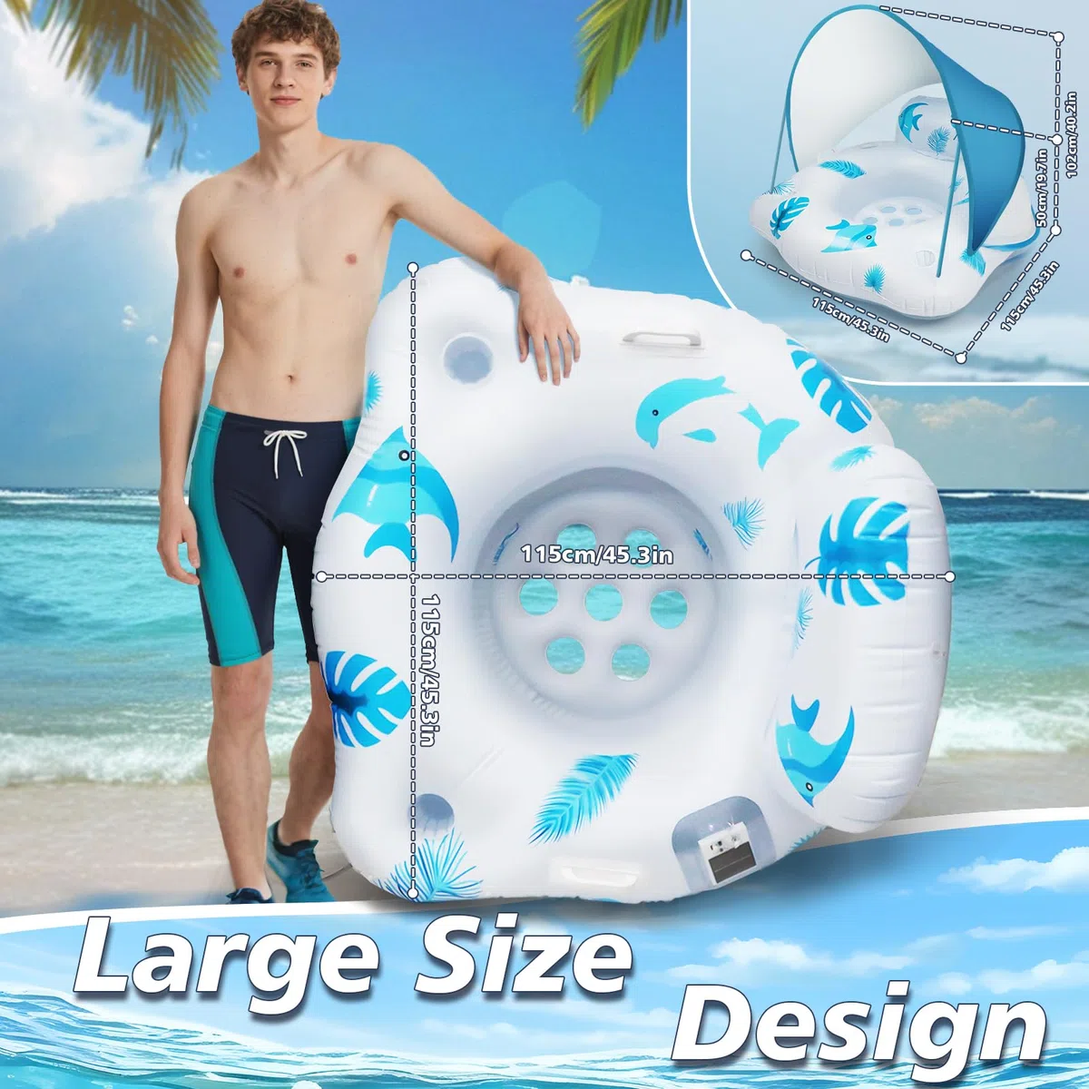 IEEILULU Gonfiabile Piscina Adulti, Sedia Galleggiante per Piscina con Parasole e Luci de Colore, Poltrona Gonfiabile Mare Piscina Giganti per Esterni, Spiagge, Laghi