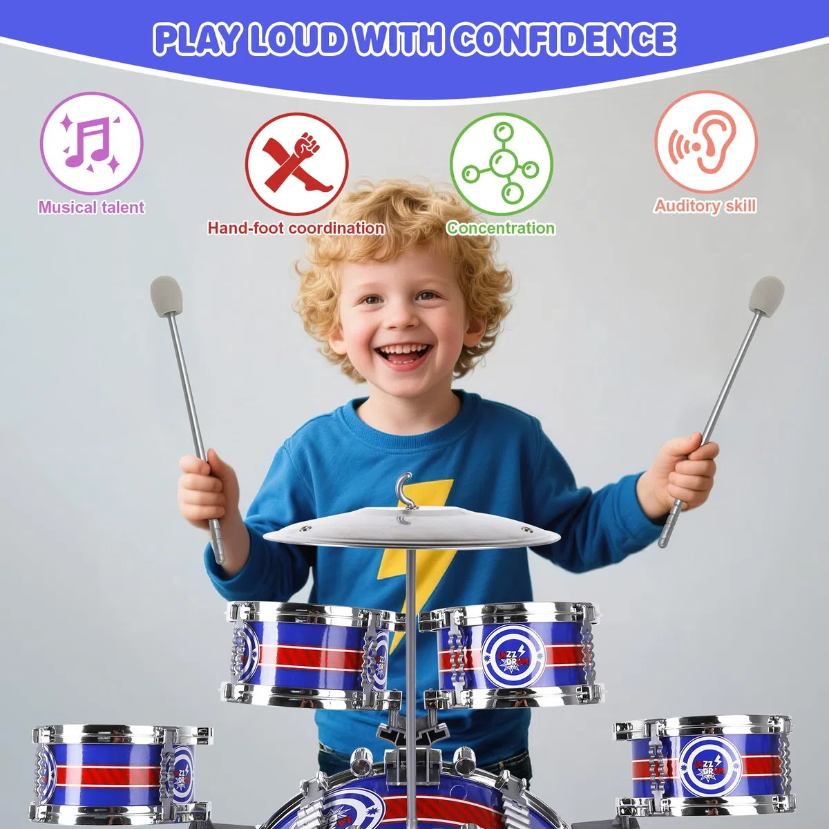 Batteria per Bambini, 5 Tamburis Bambini, 8 Pezzi Tamburi Strumenti Musicali Percussione, Batteria Musicale Bambini Junior Drum Set Compleanno Natale Educativo Regalo 3 4 5 6+ anni Ragazze Ragazzi
