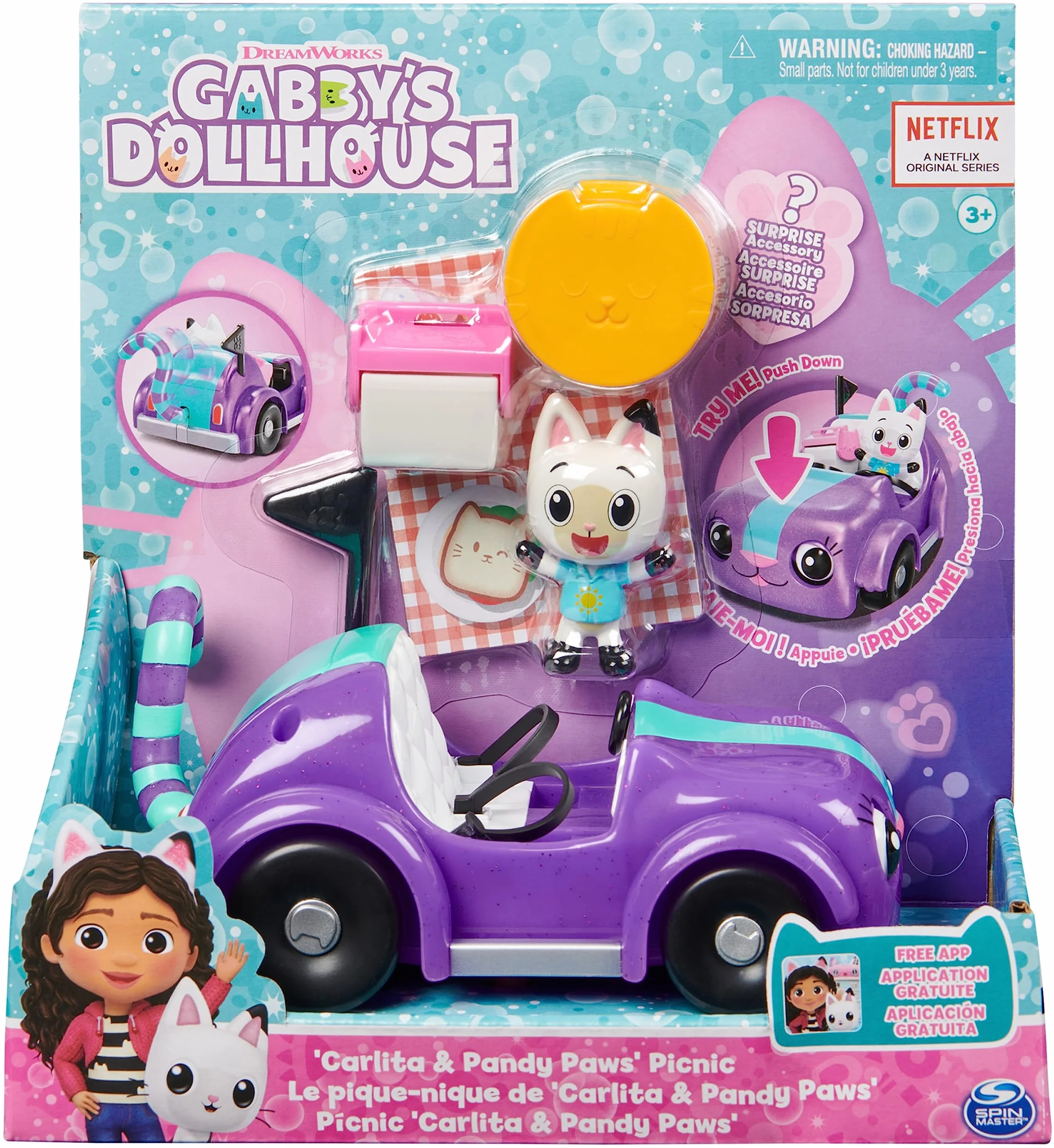 Gabby's Dollhouse, La macchina di Carlita con personaggio Pandi Panda e accessori, giochi per bambini dai 3 anni in su