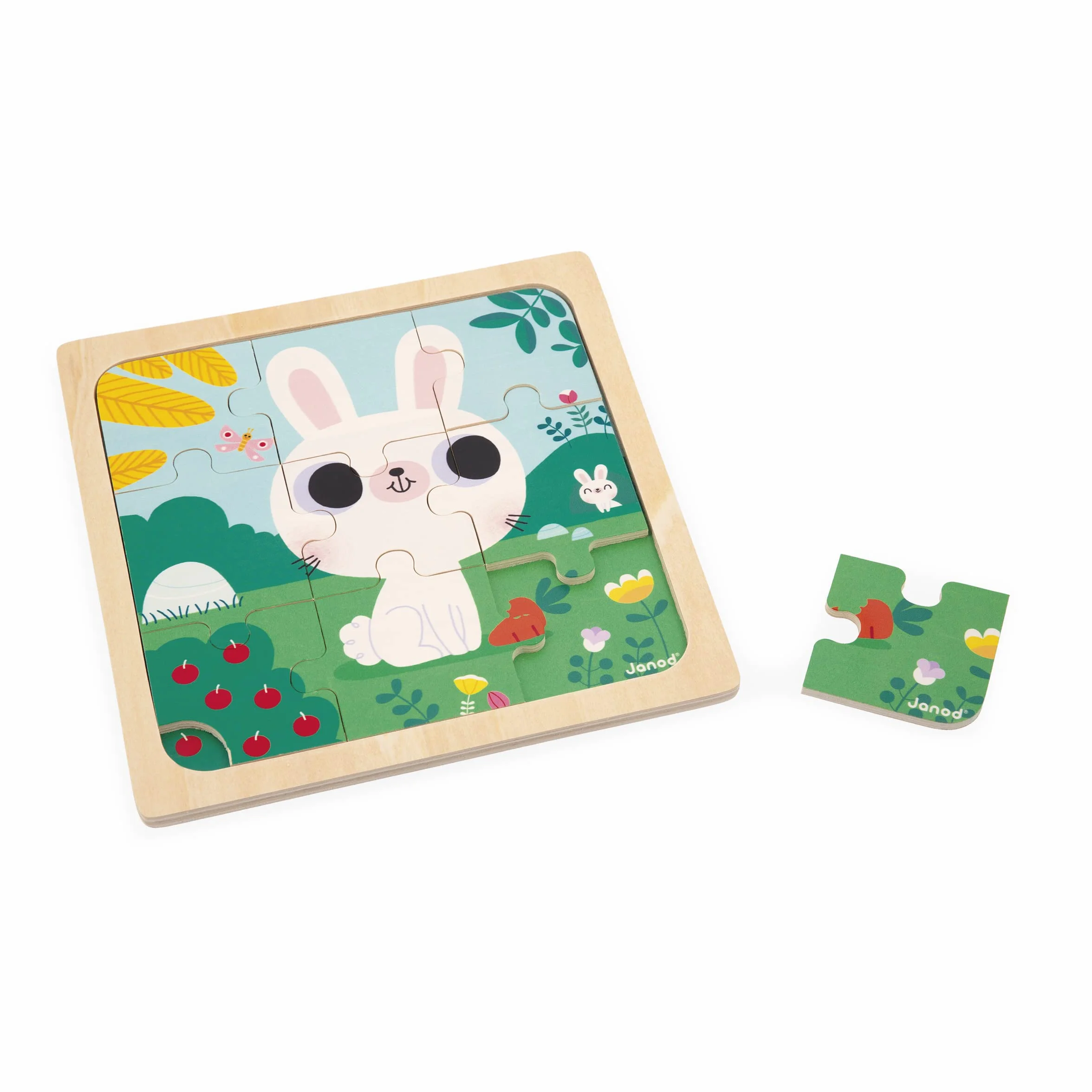 Janod - 3 Puzzle in Legno da 9 Pezzi - Gallina, Gatto, Coniglio - Giocattolo per Bambini - Gioco Educativo Prima Infanzia - Dai 18 Mesi, J07113