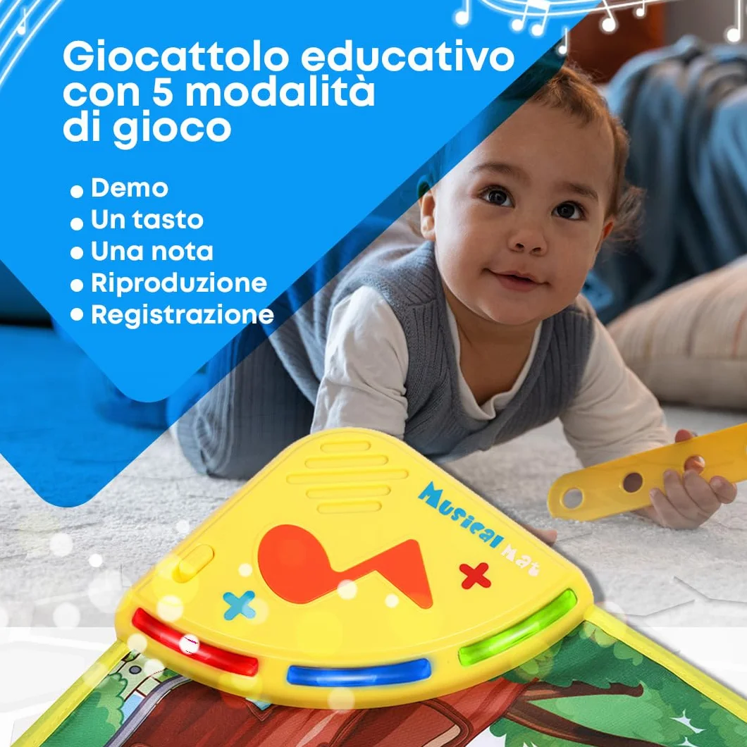 NK Tappetino Musicale per Bambini con 8 Suoni di Animali LED - Gioco Regali Bambino 3 4 5 annos, Tappeto Pianoforte Musicale Montessori, Regalo Natale e Compleanno, Funzione Record/Playback (110x36cm)