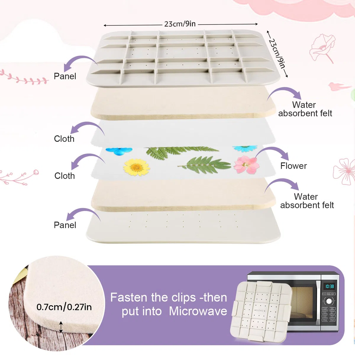 Suziko Nuovo Pressafiori da Microonde Grande da 9 Pollici (23cm) per Pressare Fiori e Foglie e Creare Fiori Pressati con Cornice Fotografica