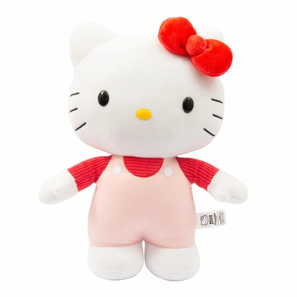Hello Kitty Giochi Preziosi Morbido Peluche Hello Kitty 30 cm con Outfit alla Moda, Gonna in Jeans, Fiocco Rosa e Maglia A Righe Rosa Adatto per Bambini dai 3 Anni