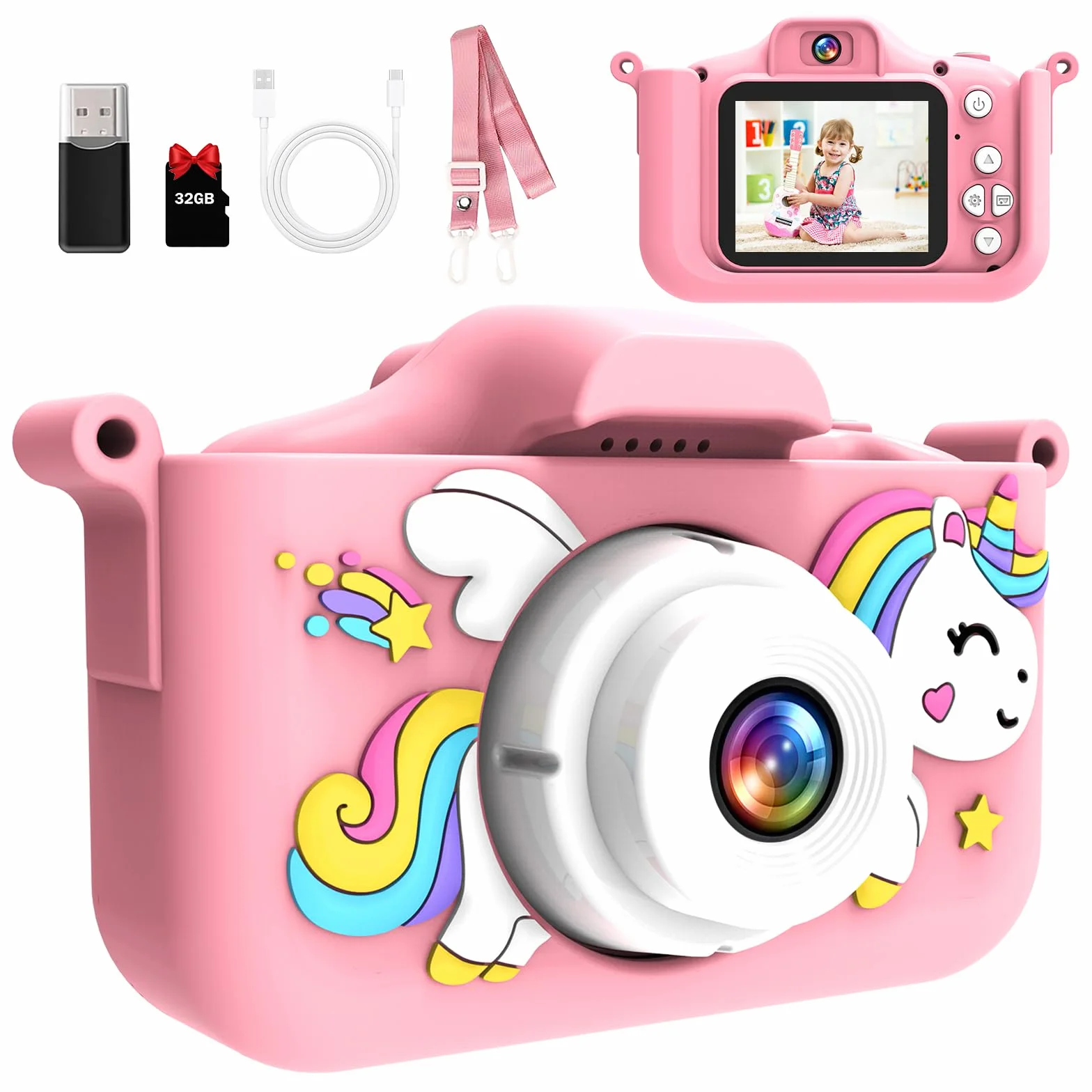 Macchina Fotografica Bambini Unicorno, con 32 GB Schede e Lettore di Schede USB, Fotocamera Giocattoli per Ragazze, Regali di Natale e Compleanno per Bambini dai 3 ai 12 Anni(Rosa)