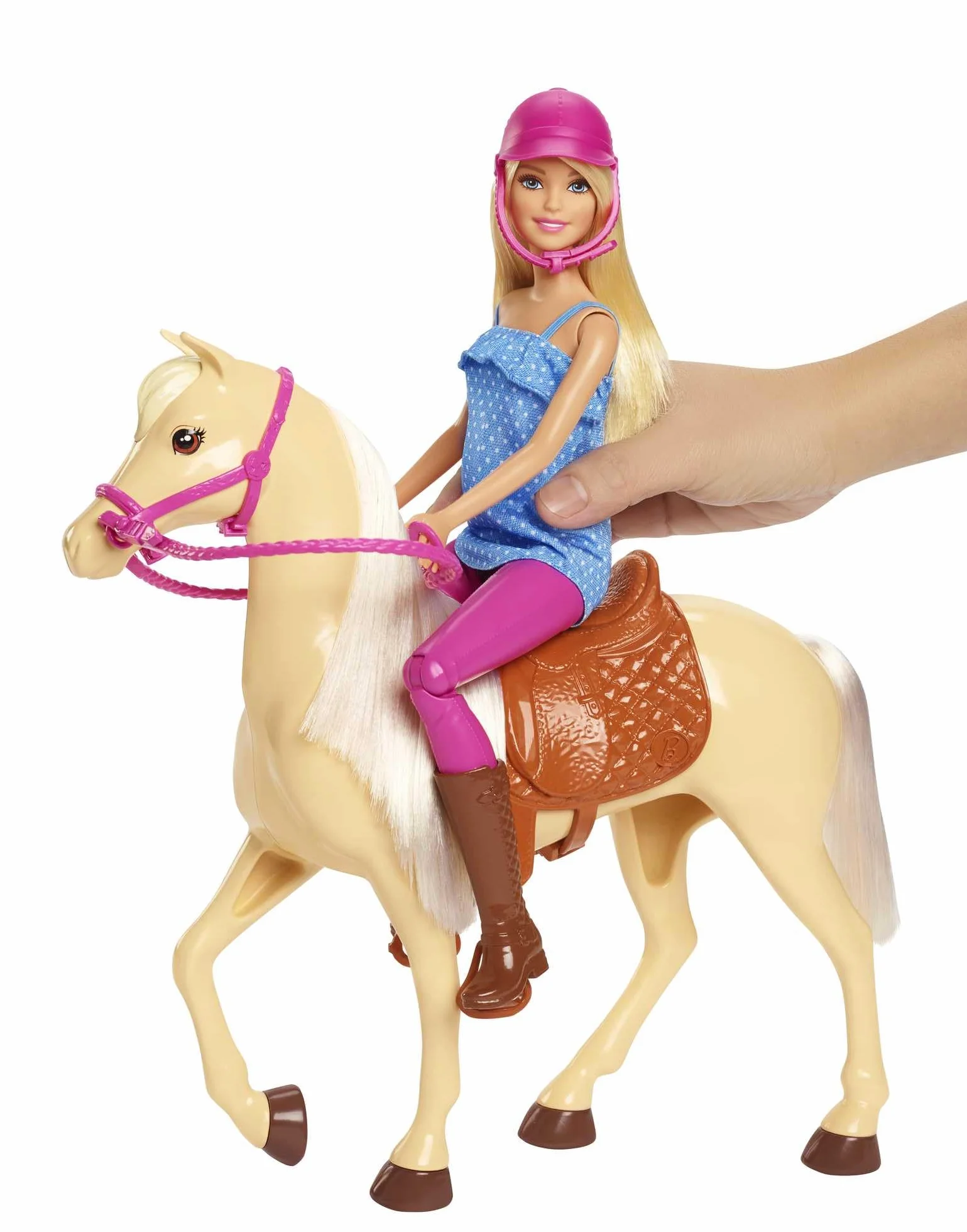 Barbie - Playset Bambola e Cavallo, include una Barbie snodata bionda con il caschetto e il suo cavallo marrone con sella e briglie rimovibili, giocattolo per bambini, 3+ anni, FXH13