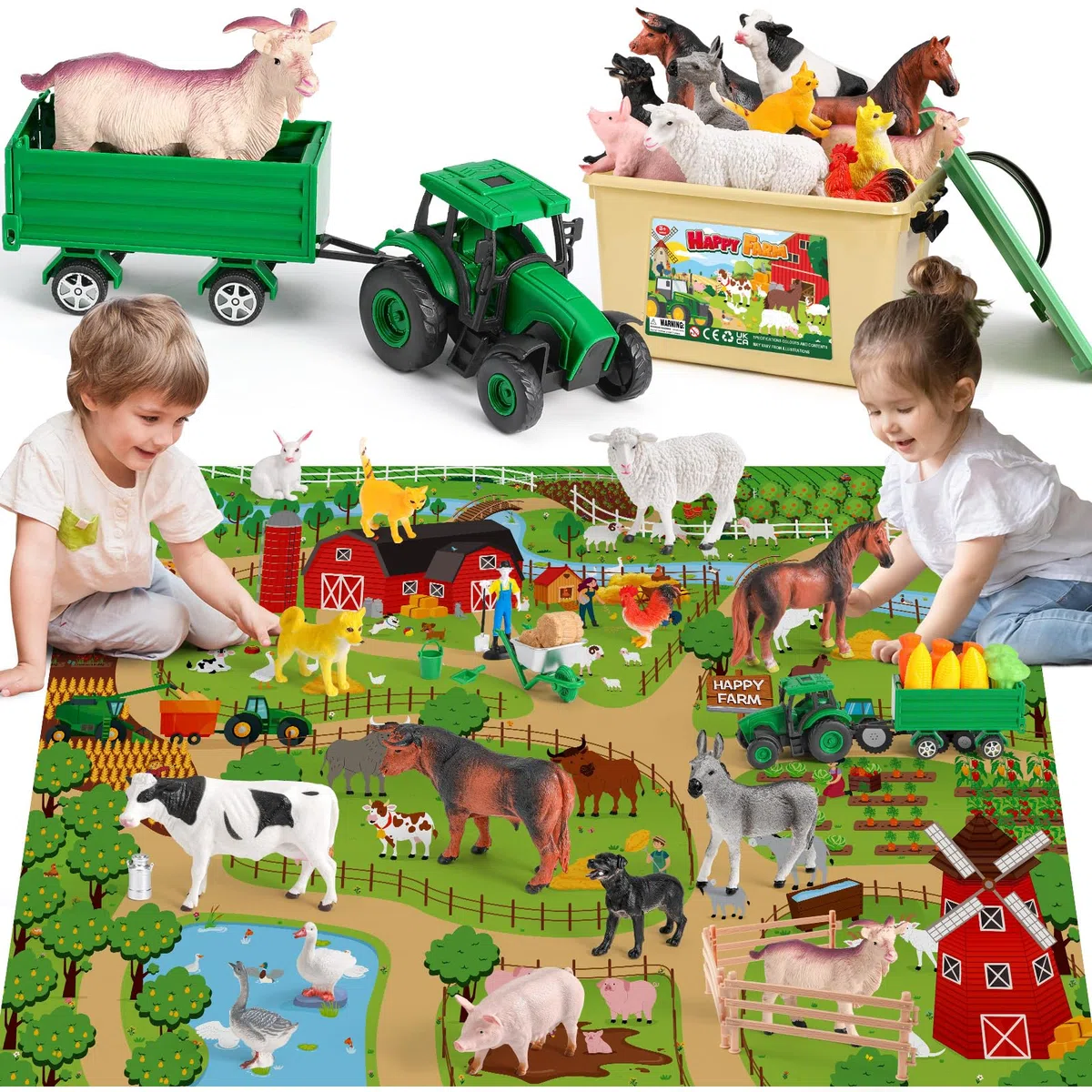 KNASON Fattoria Animali Bambini con 120x80cm Tappeto,38 Pezzi Animali Giocattolo con Giganti Animali Figure,Trattore Giocattolo e Fattoria Attrezzi,Educativo Animali Fattoria per Bambini 3 4 5 Anni