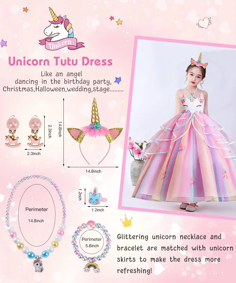 TOLOYE Vestito Principessa Bambina, Principessa Vestiti con Collana Set, Costume da Cosplay Unicorno Bambina Ragazza,Vestito Fantasia per Halloween Carnevale Cosplay Compleanno Natale Festa