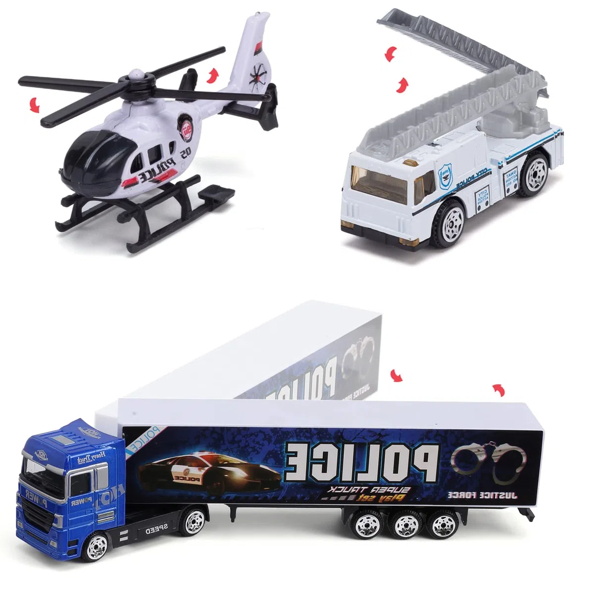 Camion Giocattoli Trasportatore di Polizia 10 in 1 con Maniglia, Set di Mini Veicoli in Plastica Pressofusa, Istruzione Prescolare per Bambini Regalo per Festa di Compleanno Party Natale
