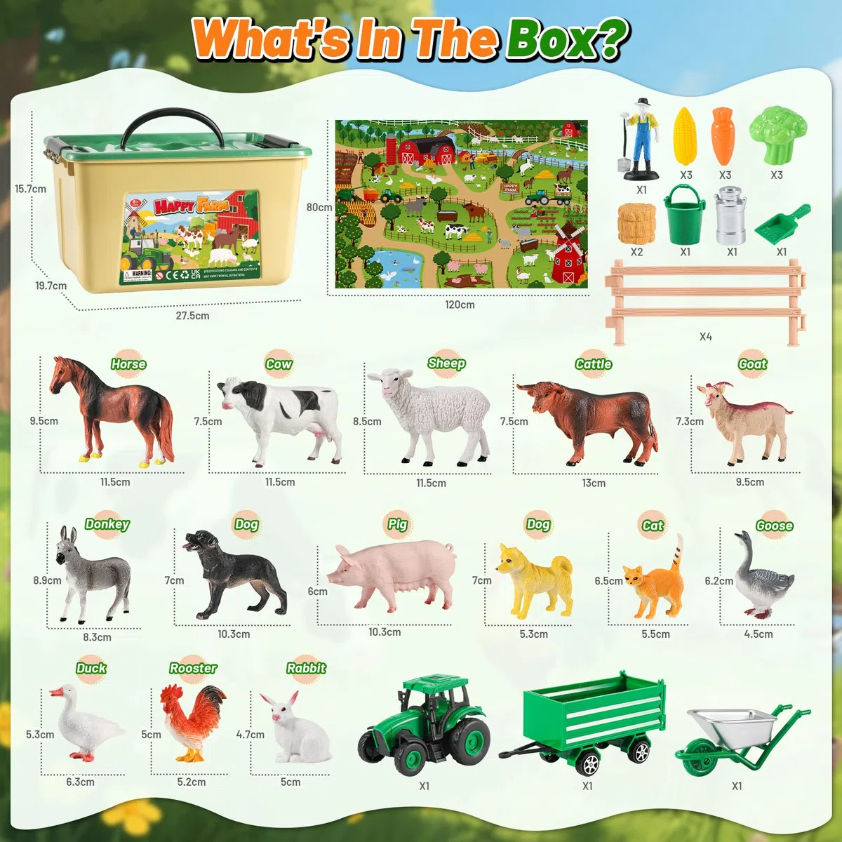 FRUSE Animali Giocattolo per Bambini con 120x80 cm Tappeto, 38 Pezzi Fattoria Animali Bambini con Fattoria Animali Figure,Trattore Giocattolo e Recinti, Giochi Educativo per Bambini 3 4 5 6 anni