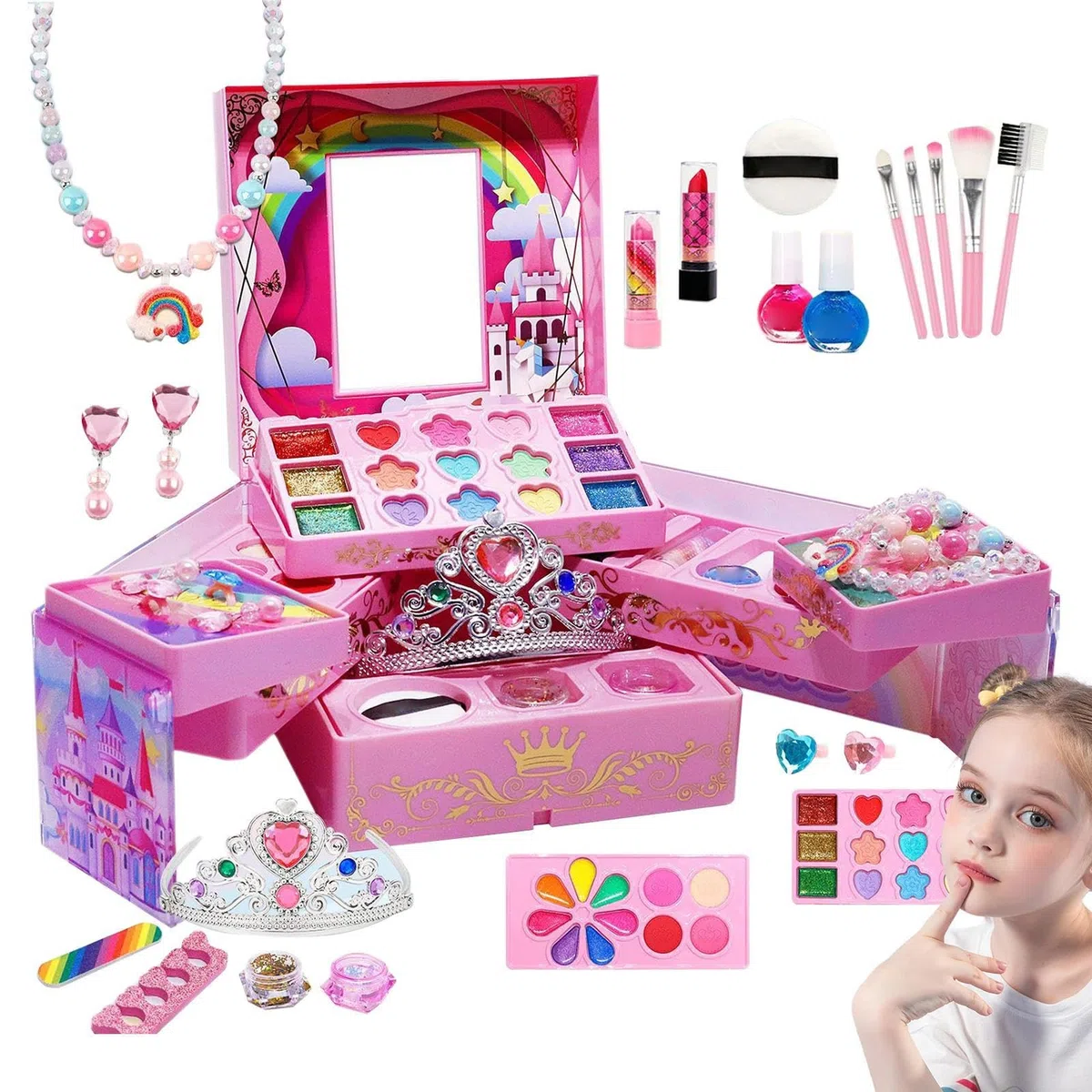 Set trucco per bambini,Trucco per bambini | Giocattoli per il trucco da gioco per ,Kit cosmetici Princess di design con scatola portaoggetti di grandi dimensioni, giochi di finzione per