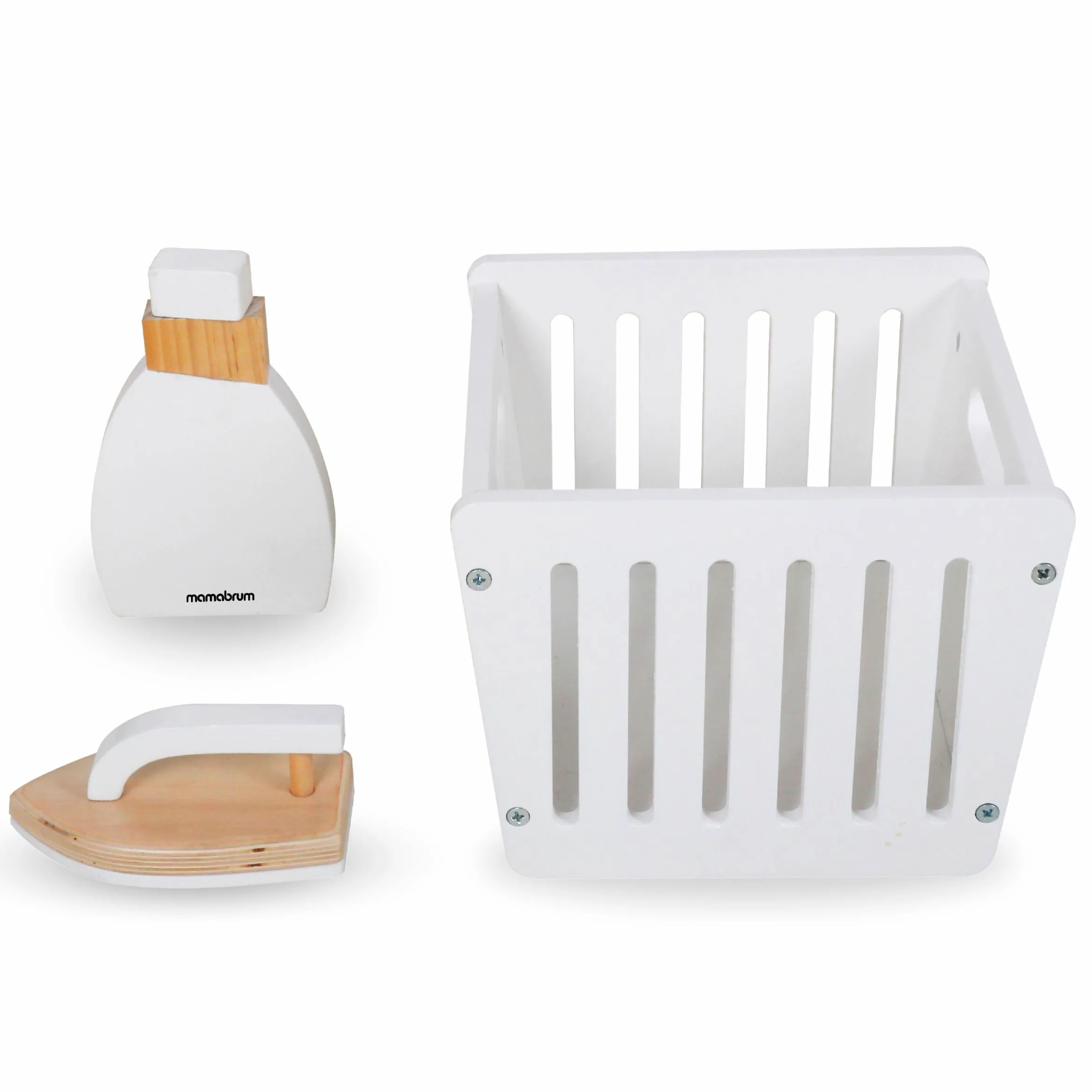 Mamabrum Set Lavatrice in Legno per Bambini 3+ - Giocattolo Educativo e Creativo per Giochi di Ruolo - Include Ferro da Stiro, Cesto Biancheria e Accessori