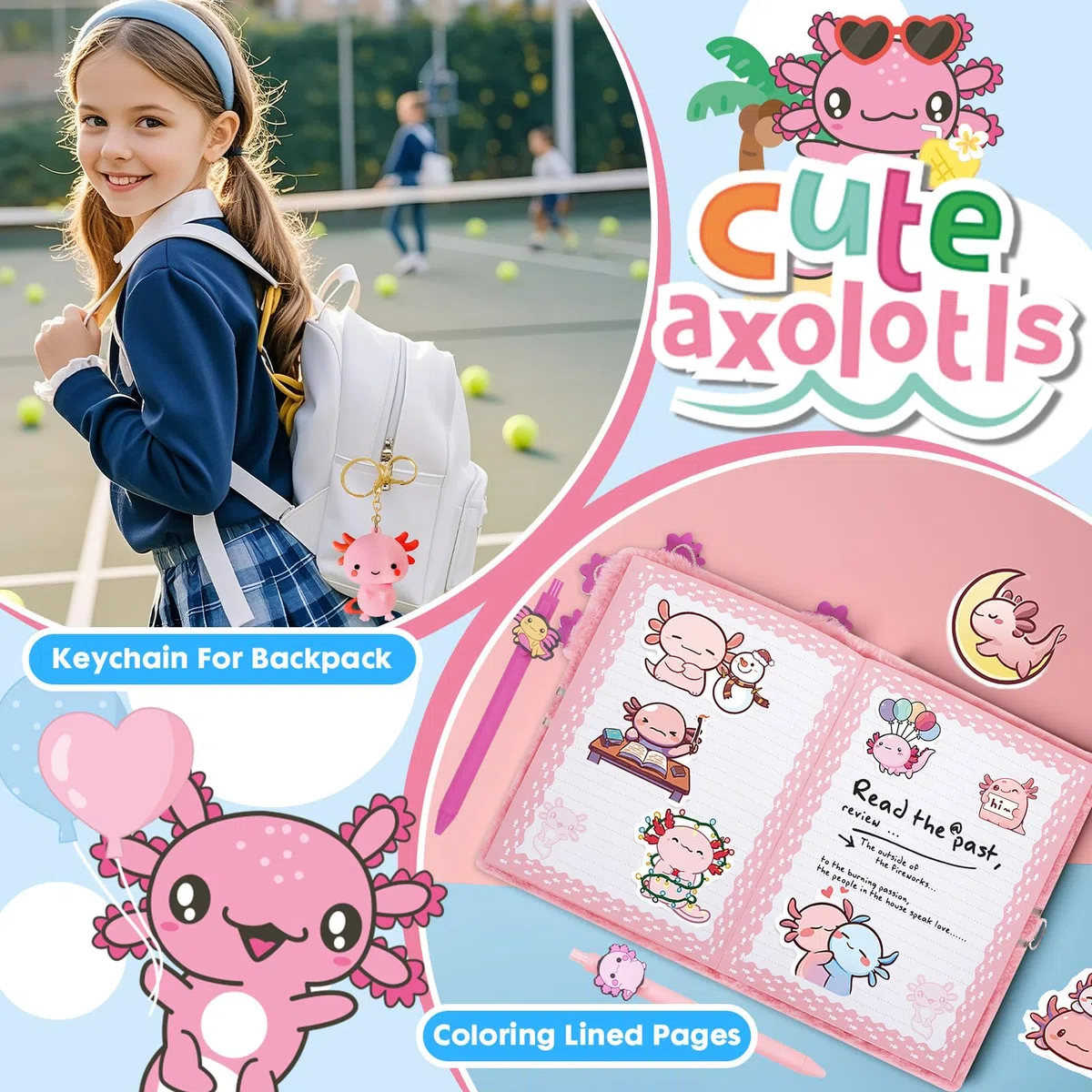 Regali Axolotl per bambine dai 5 ai 12 anni, peluche Axolotl con diario segreto, serratura e chiavi, penna, adesivi, portachiavi, regali di compleanno per bambini, simpatico set di diari Axolotl
