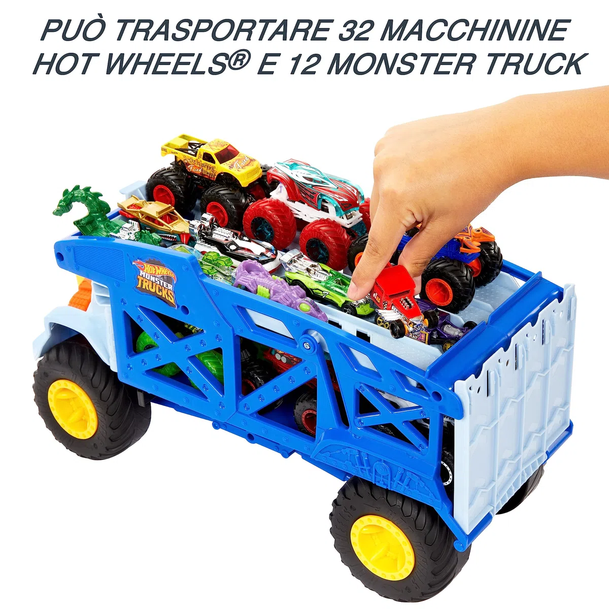 Hot Wheels - Monster Trucks Rino-Trasportatore di auto giocattolo, può contenere 12 Monster Trucks in scala 1:64, con rampa di lancio, Giocattolo per Bambini 3+ Anni, HFB13