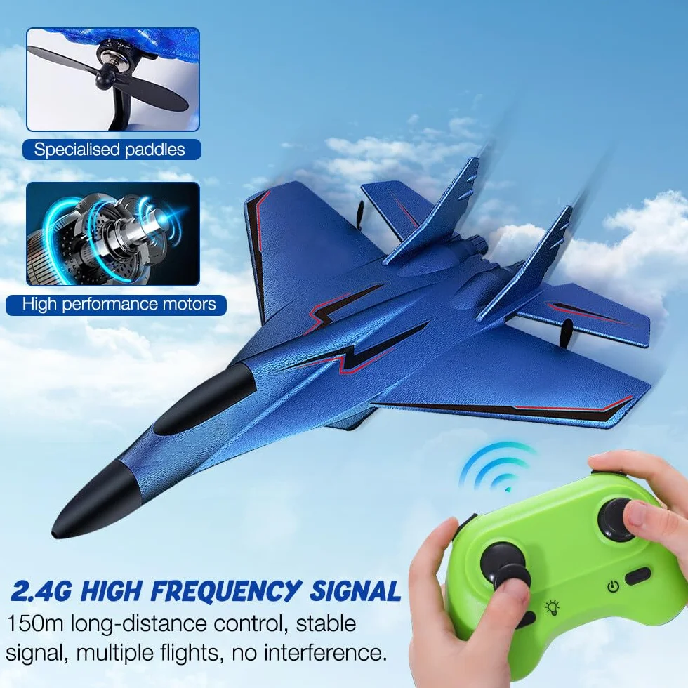 Aereo Telecomandato 2,4 GHz da Caccia, 2 CH Radiocomandato, RC Giocattolo, Aliante Volante per Bambini, Principianti (Blu)