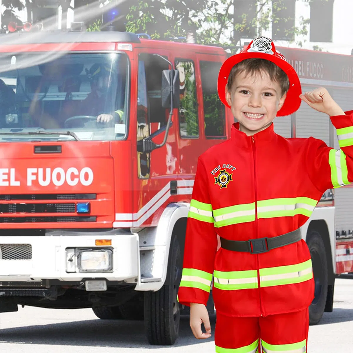 Costume da Pompiere per Bambini, 12pcs Giochi di Ruolo, Costumi di Halloween, Giocattolo 3-5 Anni per Feste in Maschera, Esercitazioni Antincendio, Scuola e Casa (110cm)
