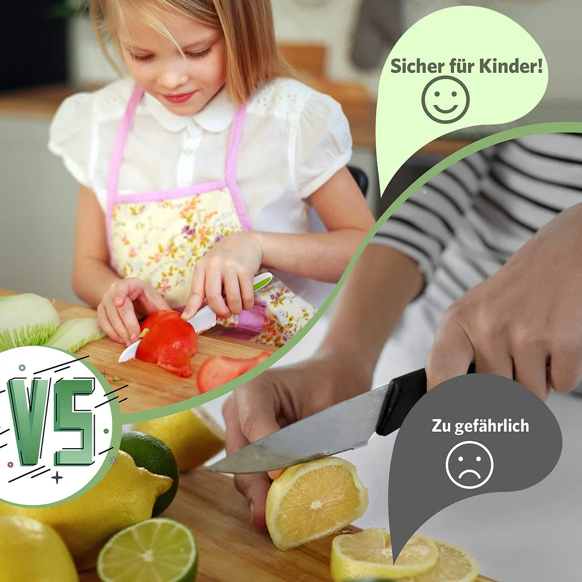 Goodchef Set di coltelli da cucina per bambini, 8 pezzi, per tagliare e cucinare frutta o verdura per bambini, con coltello in legno