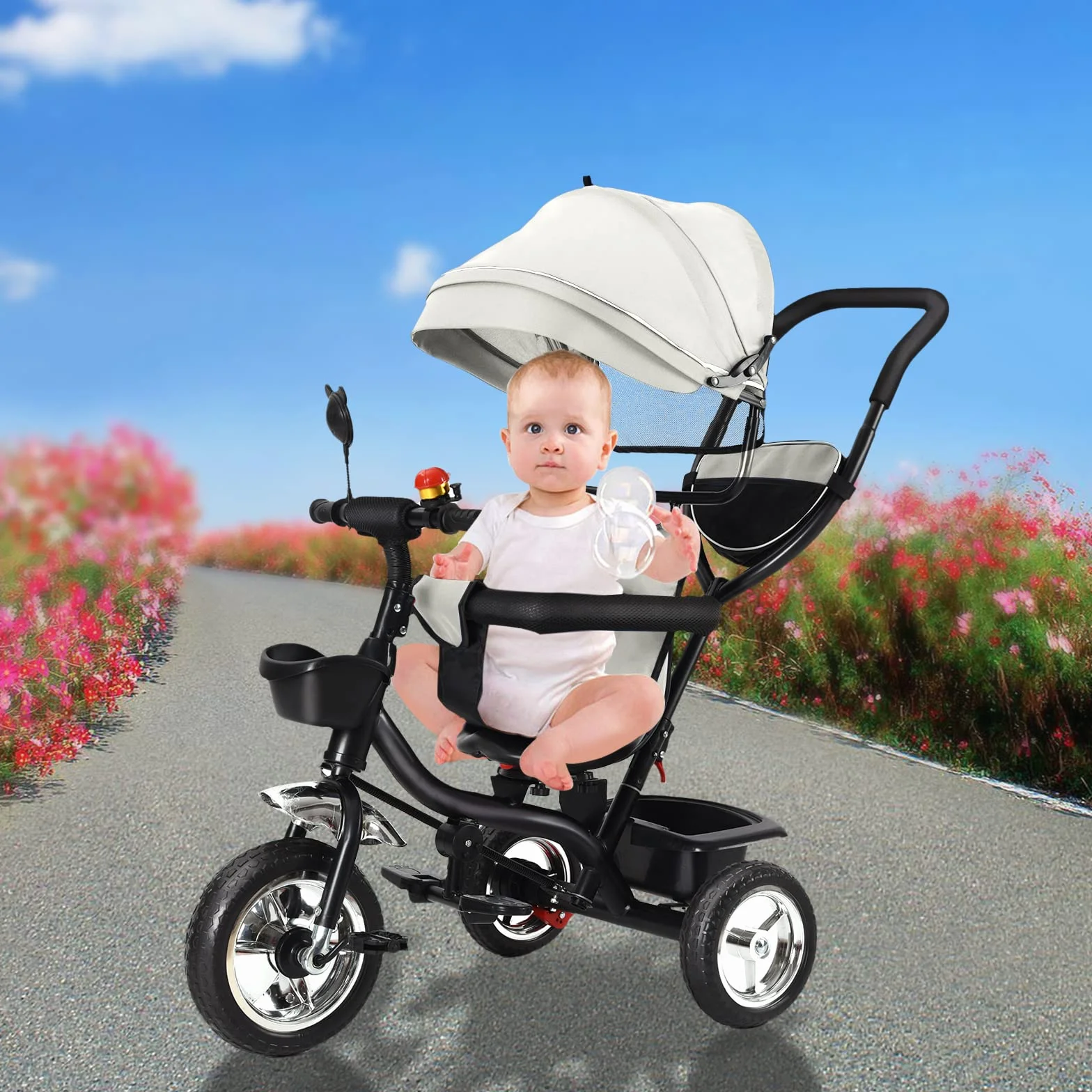 Triciclo Evolutivo per Bambini, Draisienne Evolutivo per Bambini con Barra di Spinta, Passeggino Bicicletta per Bambini, Bicicletta per Bambini con Parasole (Grigio)