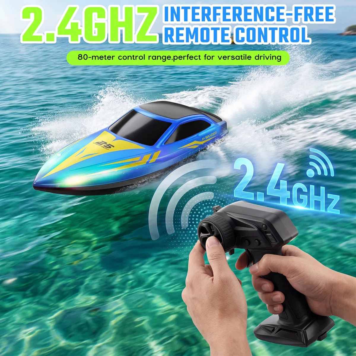 RC Barca Telecomandata Veloce 15 km/h, 2 Ore di Autonomia, Auto-Raddrizzante, 2.4GHz, Luci LED, Impermeabile per Piscina e Lago, Giocattolo Barca da Corsa 26cm per Bambini e Adulti