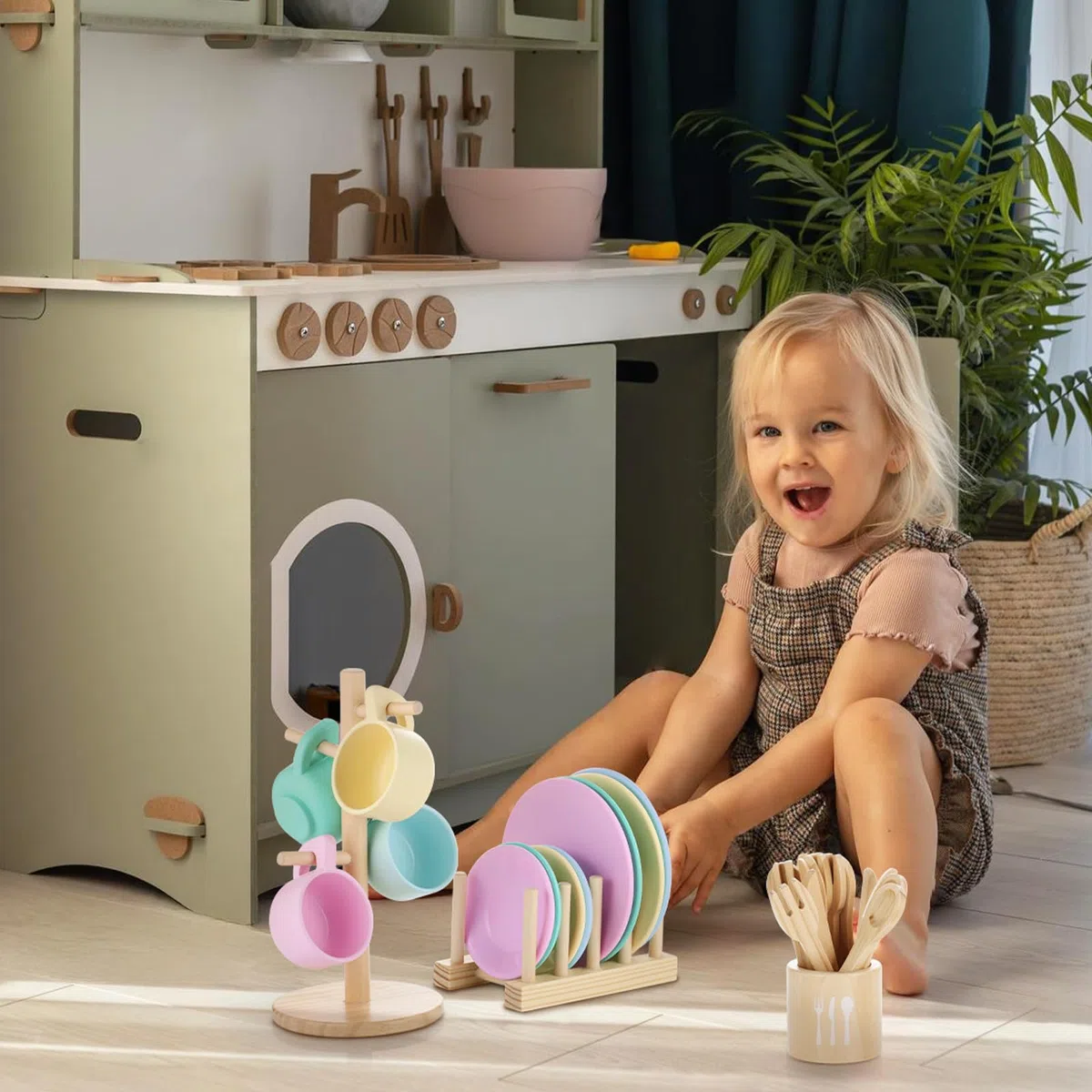 GAGAKU Set di stoviglie da cucina per bambini, 27 pezzi, servizio da tè per bambini, in legno, con supporto, giocattolo Montessori per bambini 3-5 anni, giocattolo educativo per giochi di ruolo