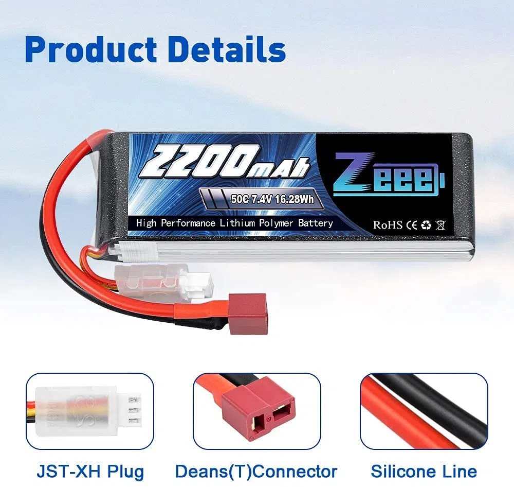 Zeee 2S Lipo 7,4V 50C 2200mAh Batteria RC con Connectore Deans T Spina per FPV Racing UAV Drone Veicolo a quattro assi elicottero RC Nave Veicolo Modells (2 pezzi)