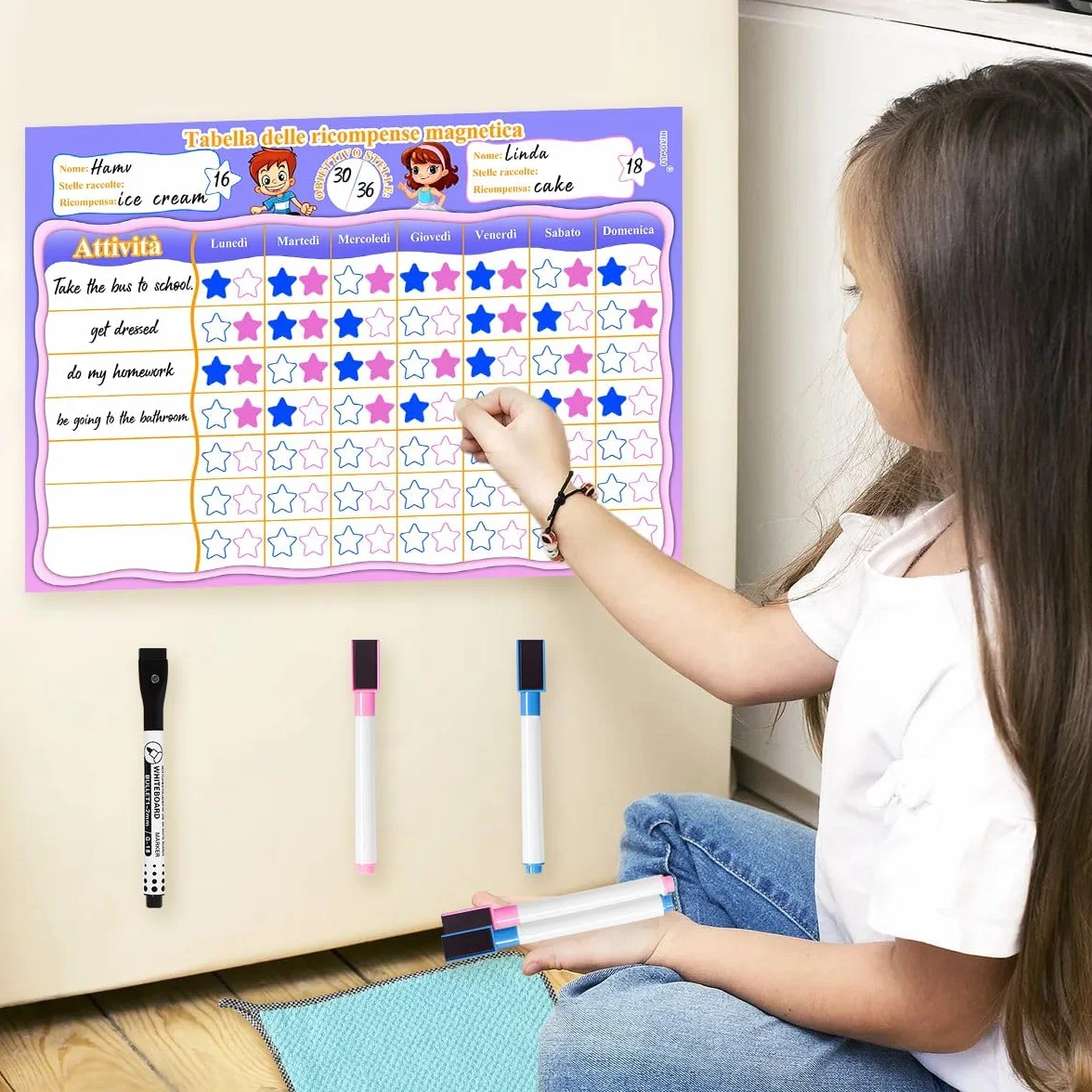 Tabella Delle Ricompense per Bambini,Tabellone Delle Ricompense bambini,Tabella Delle Ricompense Magnetica,Routine Bambini Giornaliera,Buon Comportamento in Ragazzi/Ragazze,5 Penne,34X24 cm (Italiano)