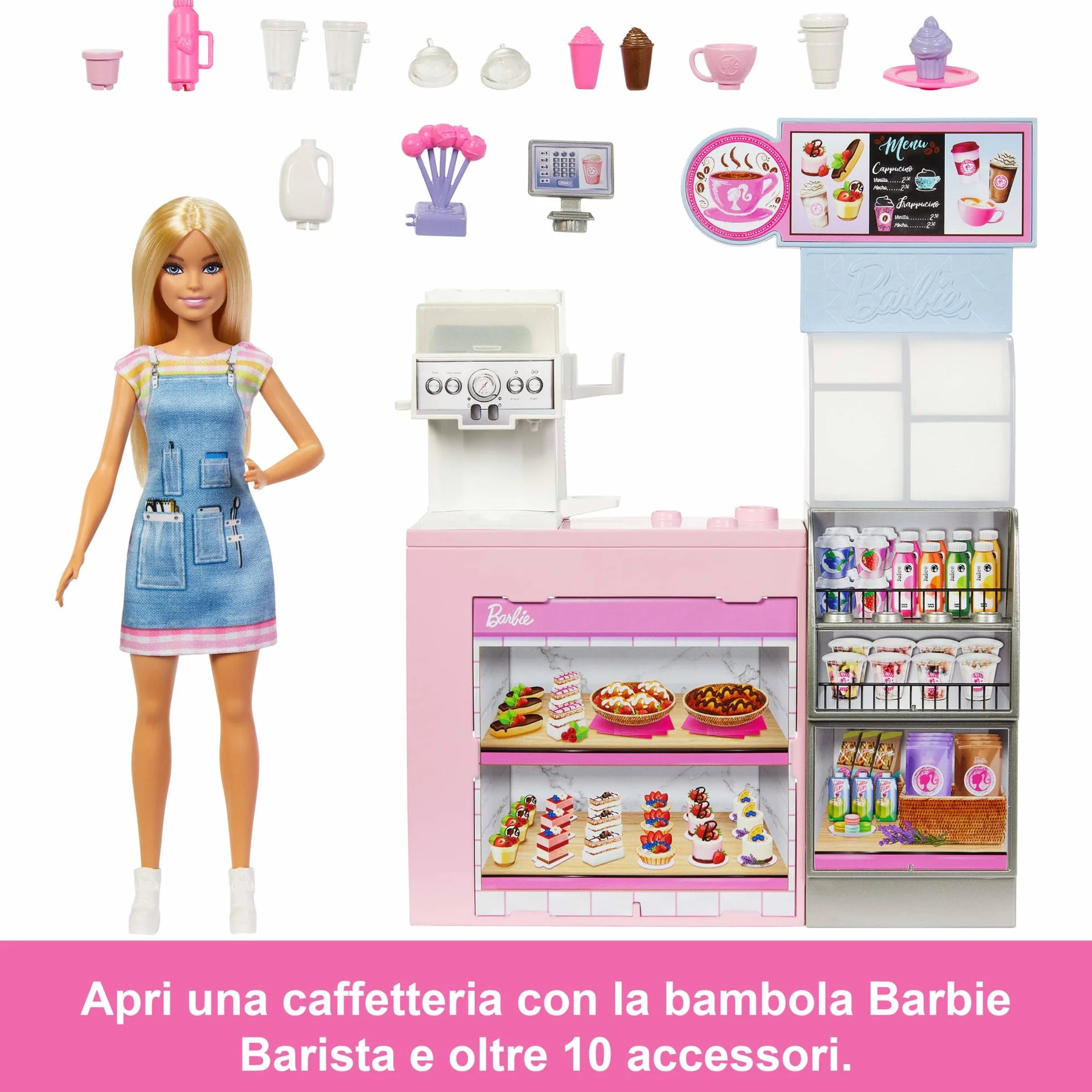 Barbie - Caffetteria, playset con bambola barista bionda e 12+ accessori a tema inclusi, tra cui macchina per caffè e frullati, tazze e cibo, giocattolo per bambini, 3+ anni, HXN94