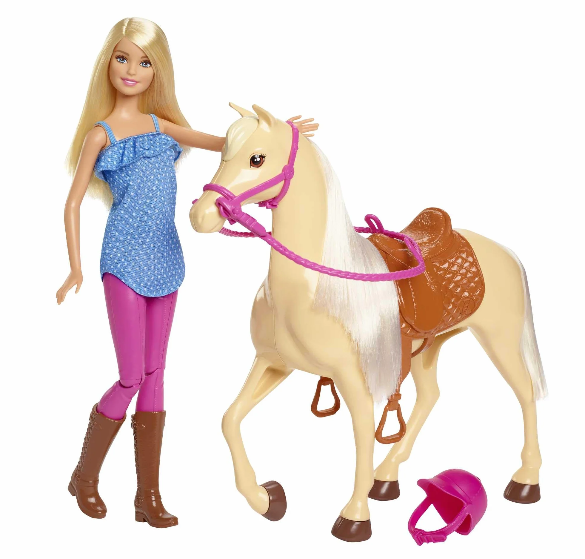 Barbie - Playset Bambola e Cavallo, include una Barbie snodata bionda con il caschetto e il suo cavallo marrone con sella e briglie rimovibili, giocattolo per bambini, 3+ anni, FXH13