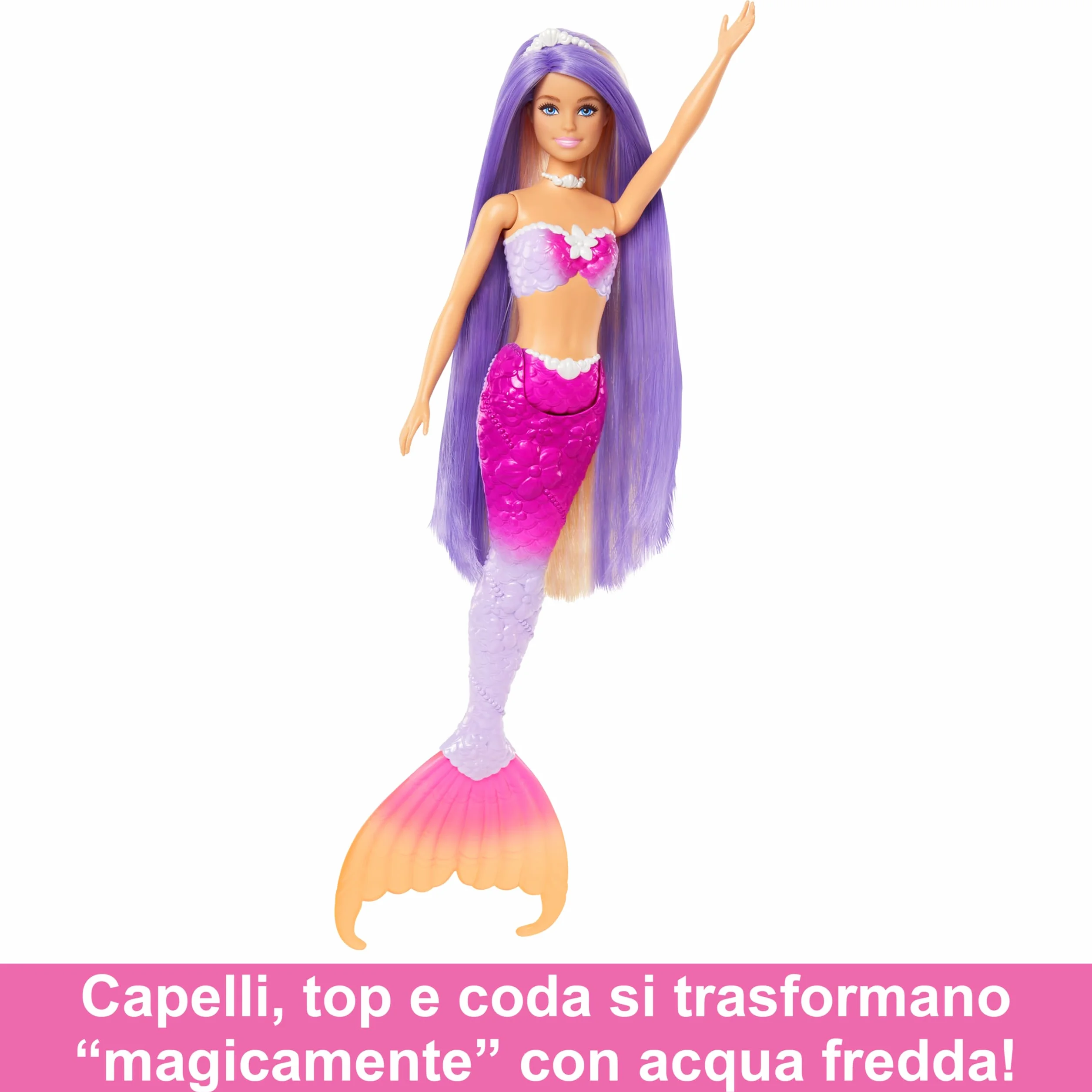 Barbie - Malibu Sirena, bambola con capelli rosa e accesory per lo styiling, funzione cambia colore in acqua, cucciolo di delfino incluso, giocattolo per bambini, 3+ anni, HRP97