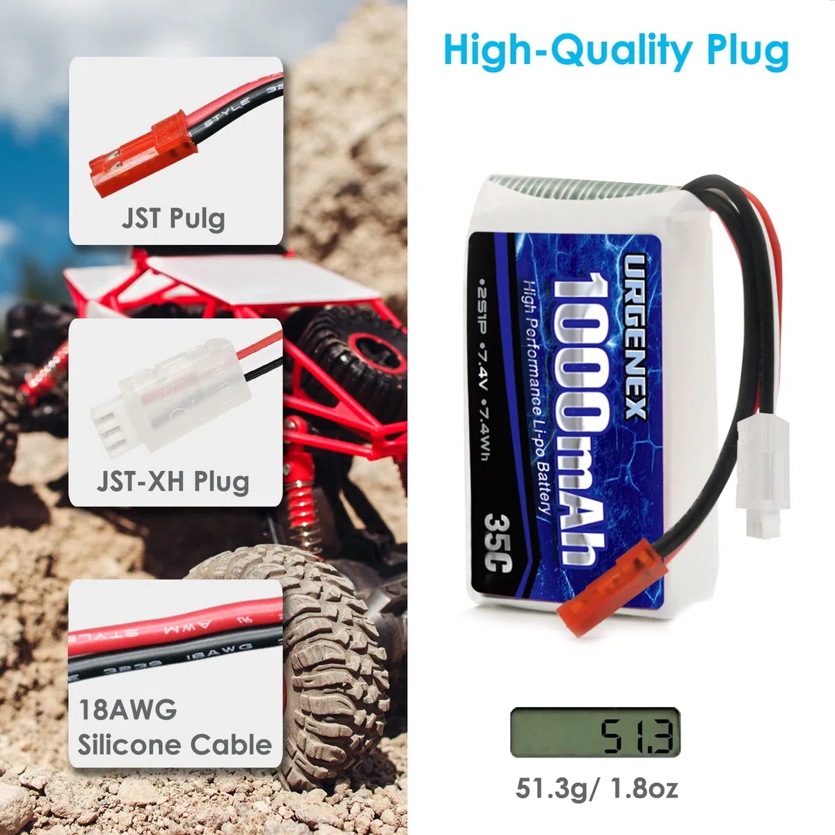 7.4V 1000mAh Lipo Battery 2S 35C Lipo RC Batteries with JST Plug Rechargeable Lithium Battery with 2 in 1 USB Charger for WLtoys A949 A959 A969 A979 K929 and Most 1/10 1/16 1/18 1/24 RC Cars
