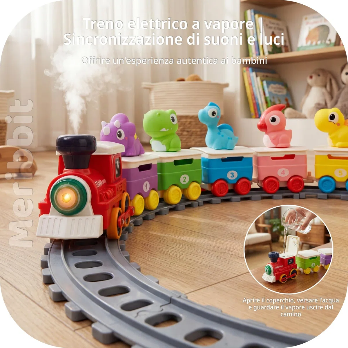 Trenino con Binari, Luci ed Effetto Vapore, Dinosauri Marionette da Dito, Giocattoli Montessori Sensoriali, Gioco Educativo per Bambini 2 Anni, Regalo 1-3 Anni