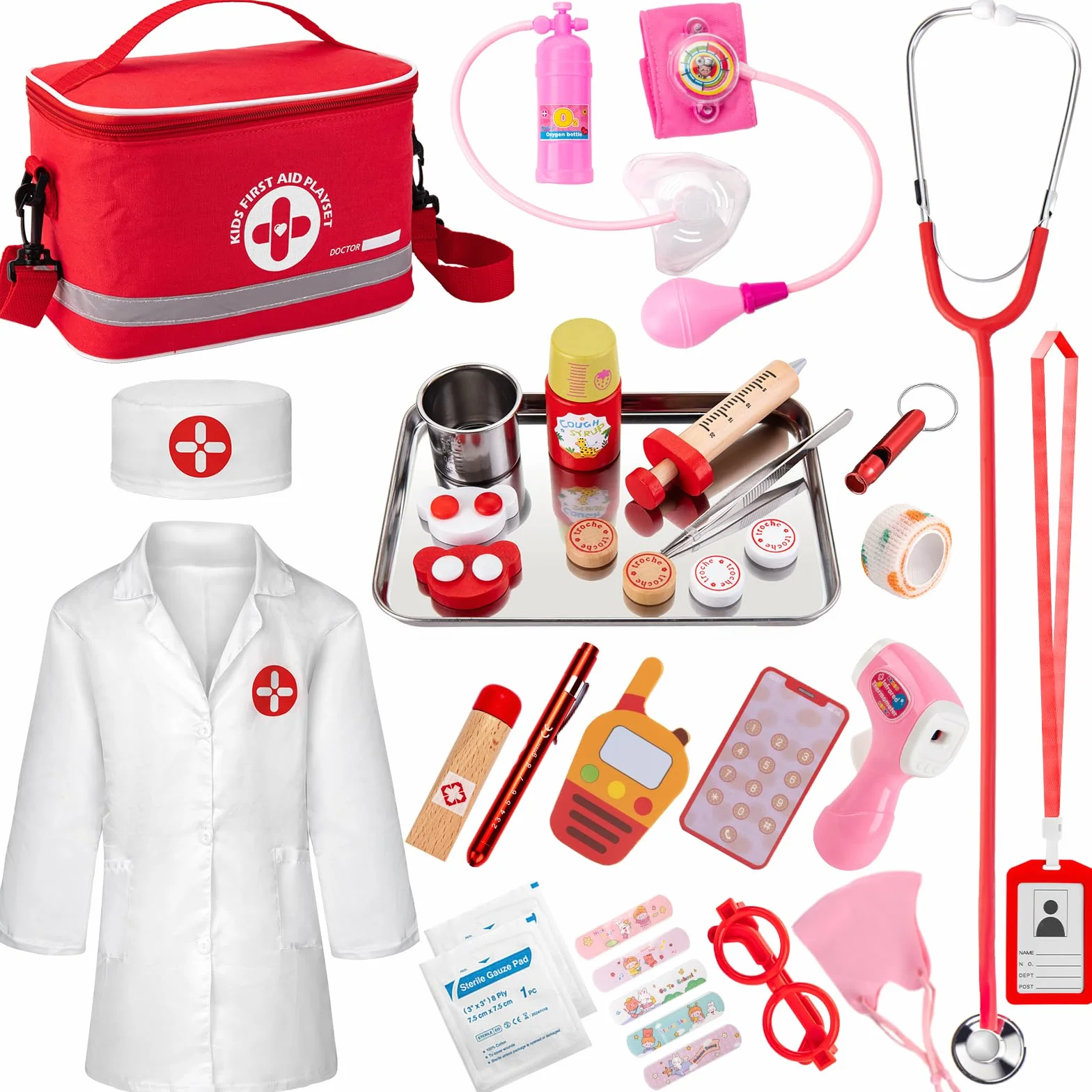 EFO SHM 34 Pezzi Kit Medico per Bambini con Vero Stetoscopio e Camice - Valigetta Dottore Portatile, Gioco di Ruolo Interattivo, Idea Regalo 3 4 5 6 Anni