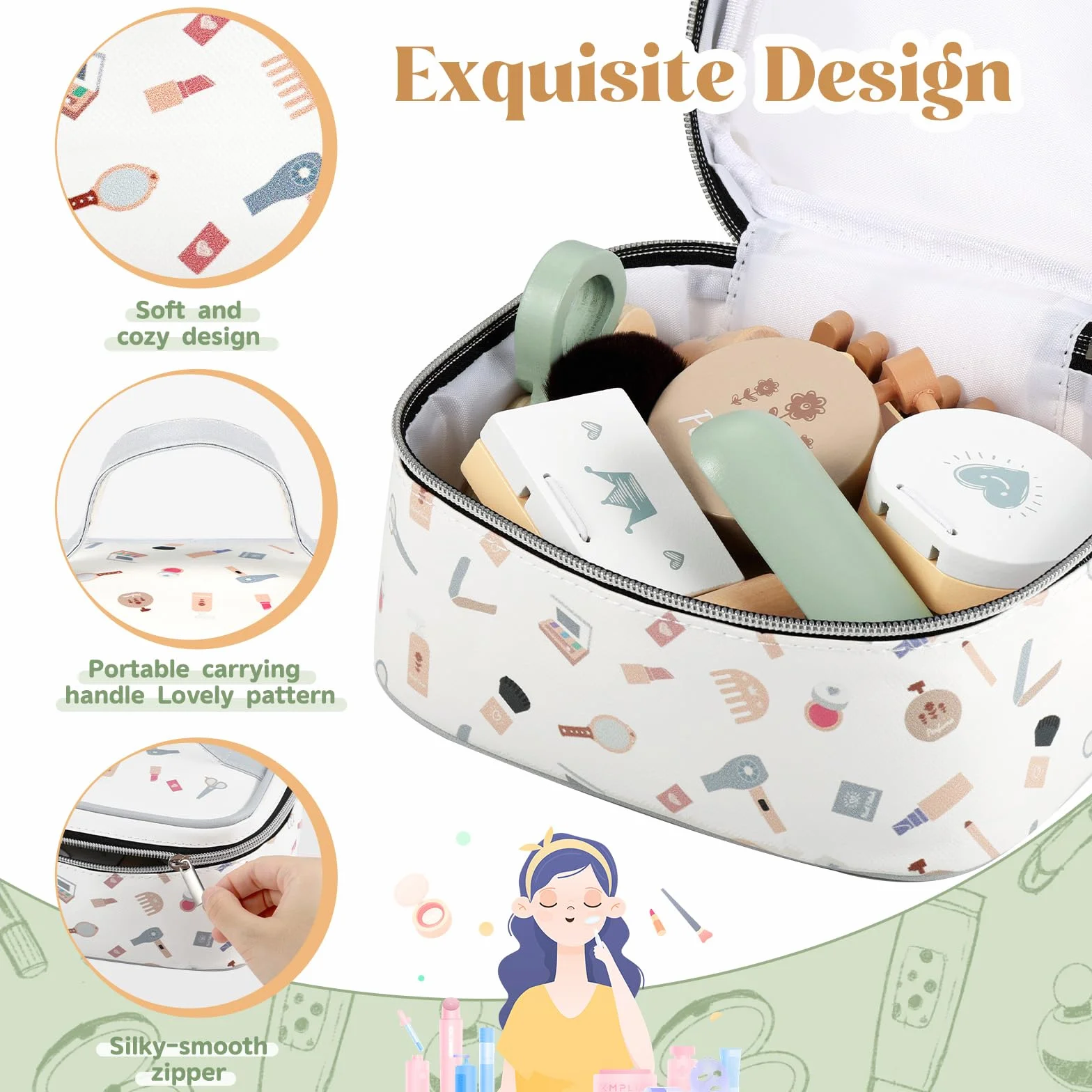 GAGAKU Set di trucchi in legno per ragazze dai 3 anni in su, con accessori realistici come rossetto e specchio, perfetto per bambini
