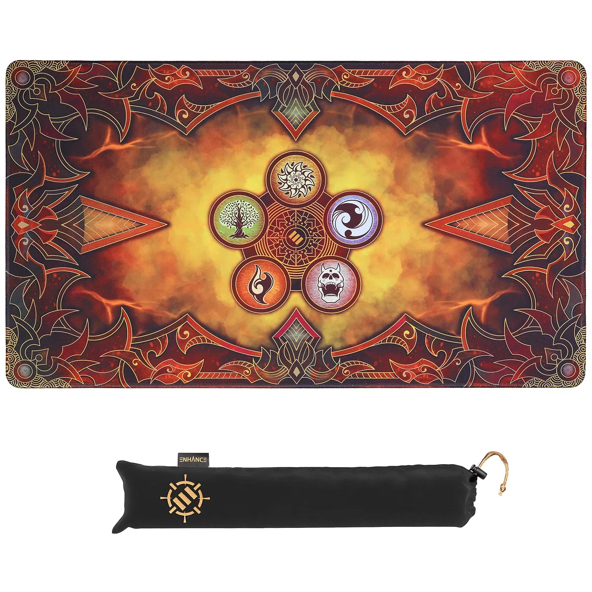 ENHANCE Tappetino da Gioco TCG - Tappetino da Gioco da Tavolo con Bordi Cuciti, Superficie Liscia e Custodia da Viaggio con Coulisse - Compatibile con MTG, YuGiOh, Pokemon e Altri TCG e LCG - Fiamme